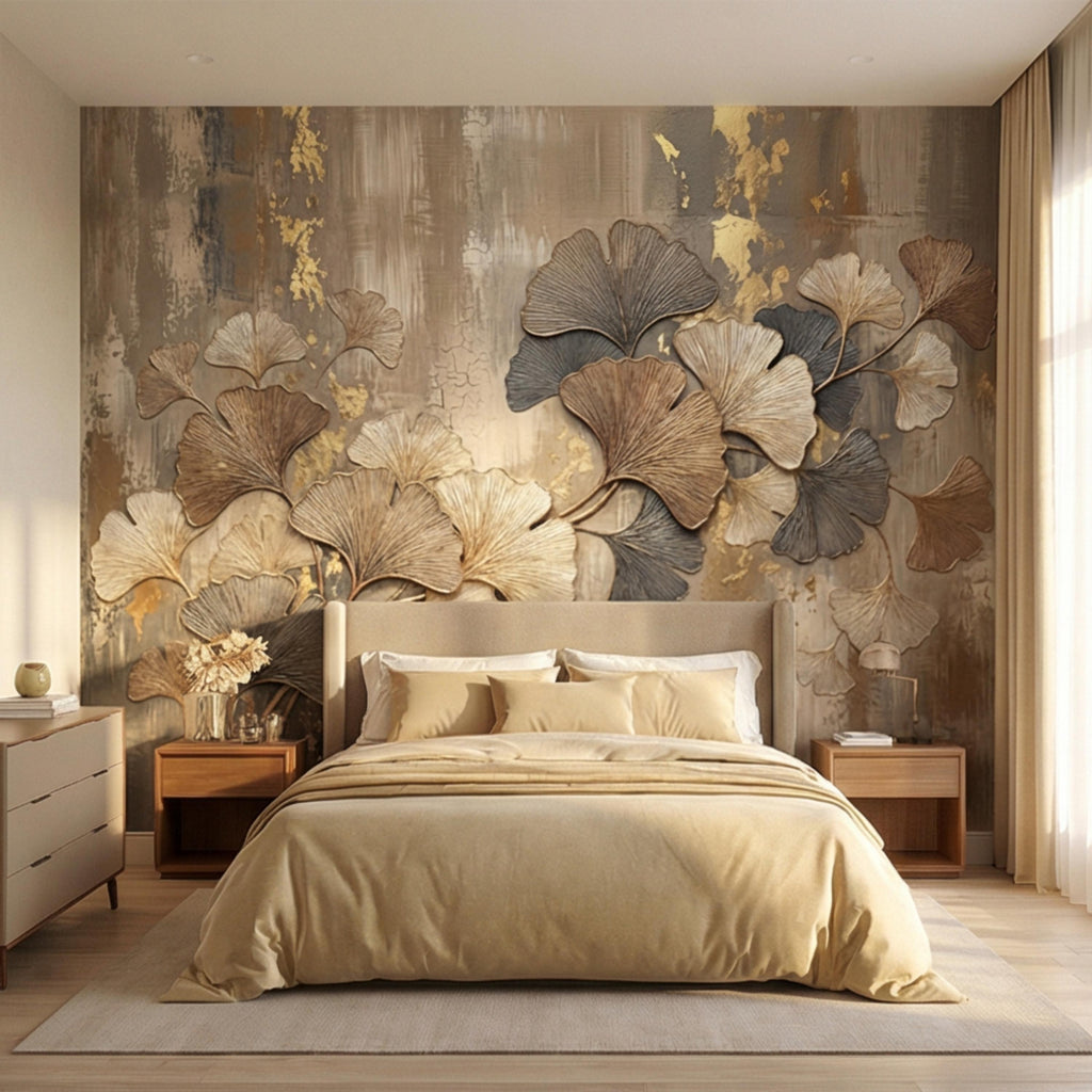 Textured Ginkgo Leaf Peel and Stick Wall Mural, Neutral Designer Botanical Wallpaper, Modern Luxury Interior Statement Wall Decor
