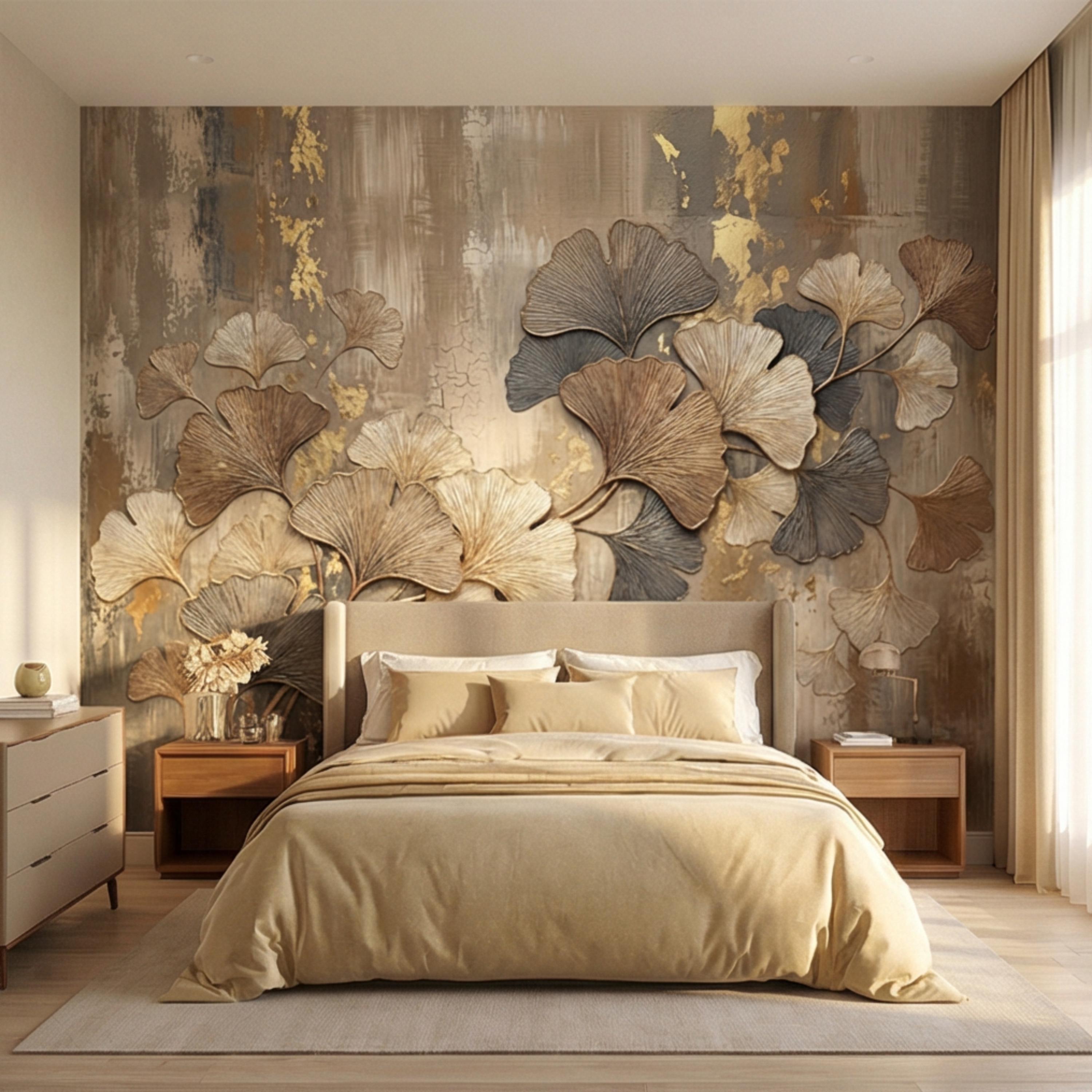Textured Ginkgo Leaf Peel and Stick Wall Mural, Neutral Designer Botanical Wallpaper, Modern Luxury Interior Statement Wall Decor