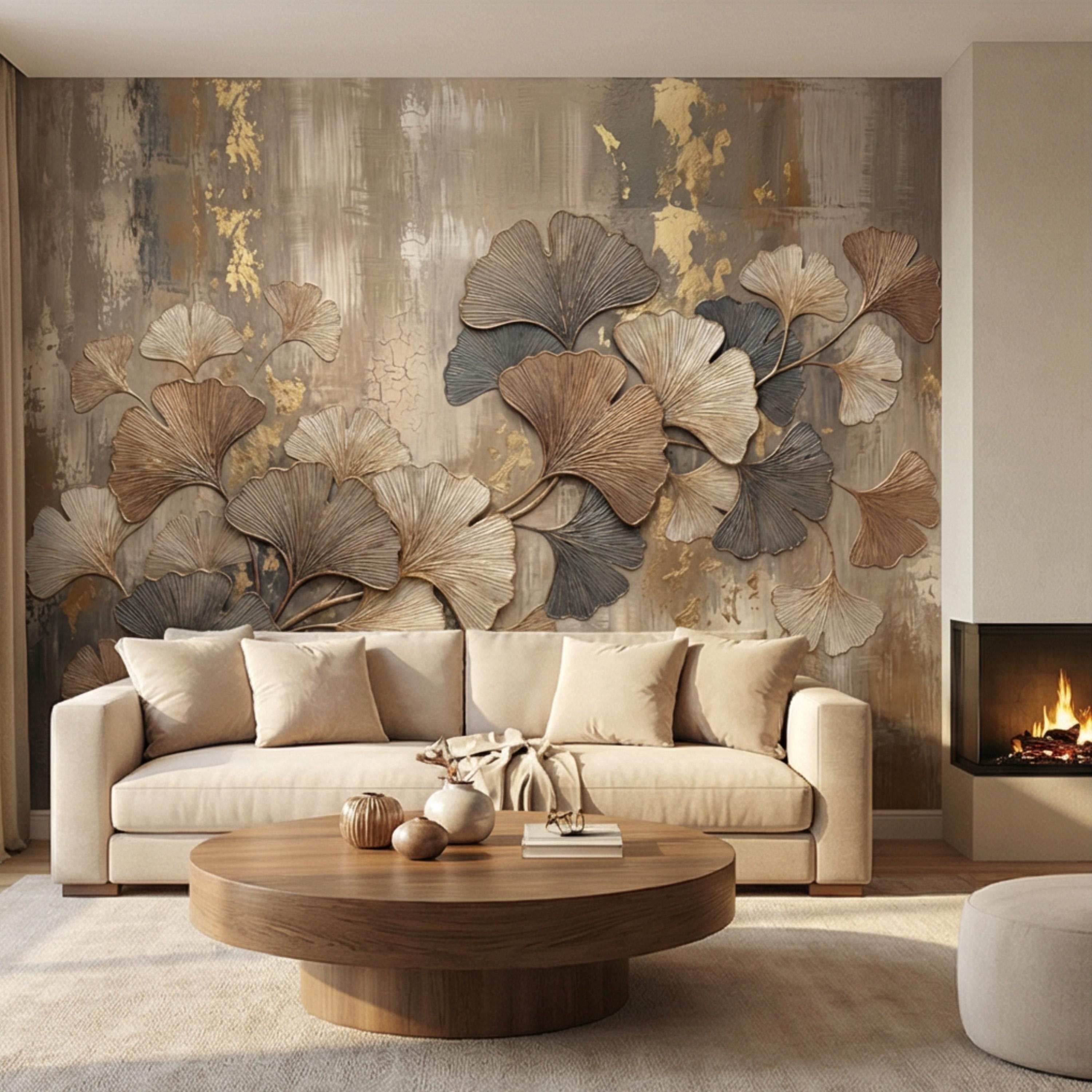 Textured Ginkgo Leaf Peel and Stick Wall Mural, Neutral Designer Botanical Wallpaper, Modern Luxury Interior Statement Wall Decor