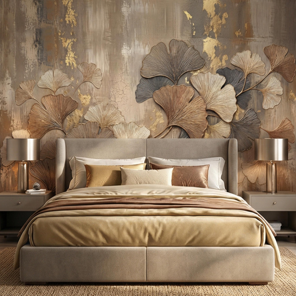 Textured Ginkgo Leaf Peel and Stick Wall Mural, Neutral Designer Botanical Wallpaper, Modern Luxury Interior Statement Wall Decor
