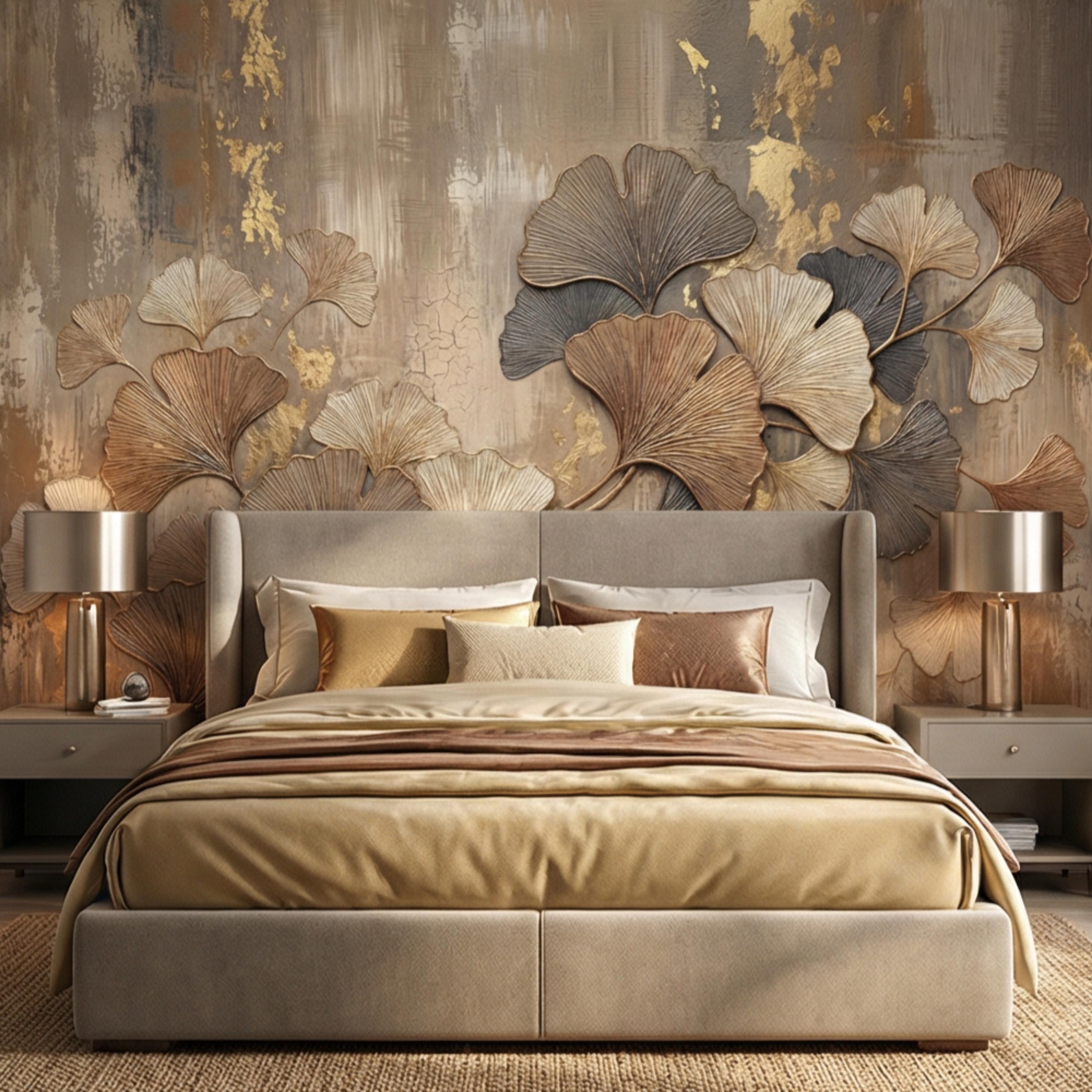 Textured Ginkgo Leaf Peel and Stick Wall Mural, Neutral Designer Botanical Wallpaper, Modern Luxury Interior Statement Wall Decor