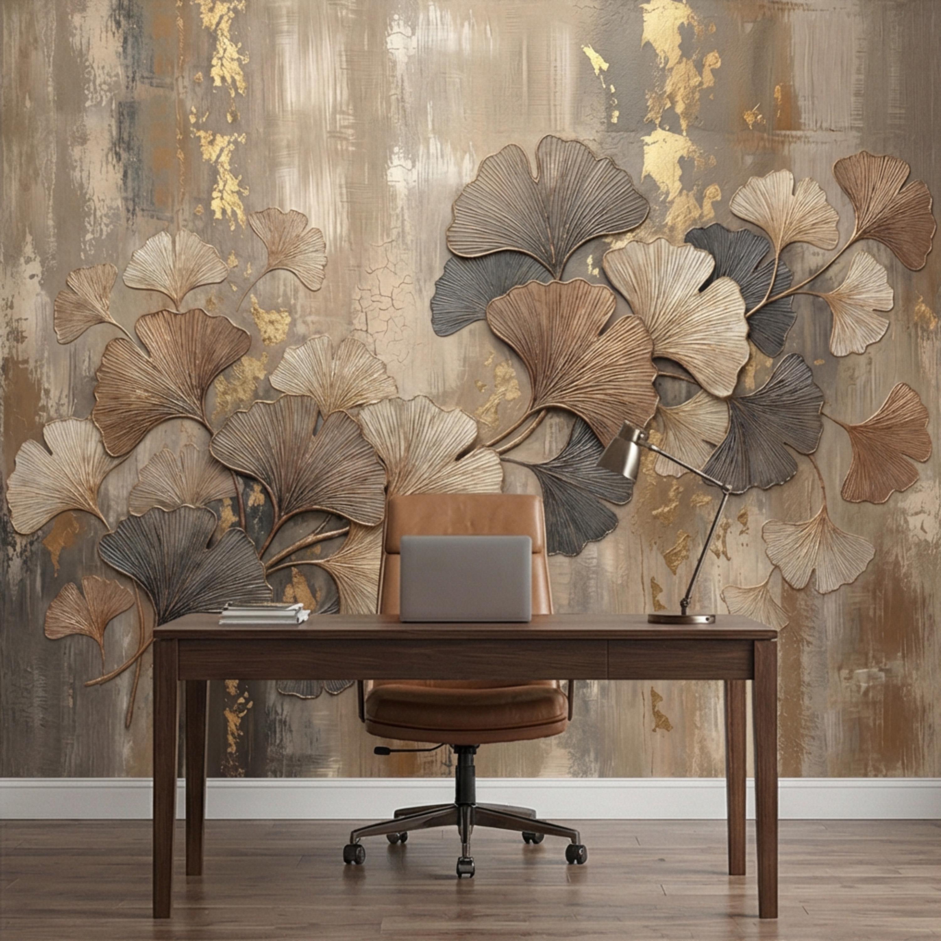 Textured Ginkgo Leaf Peel and Stick Wall Mural, Neutral Designer Botanical Wallpaper, Modern Luxury Interior Statement Wall Decor