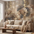 Textured Ginkgo Leaf Peel and Stick Wall Mural, Neutral Designer Botanical Wallpaper, Modern Luxury Interior Statement Wall Decor