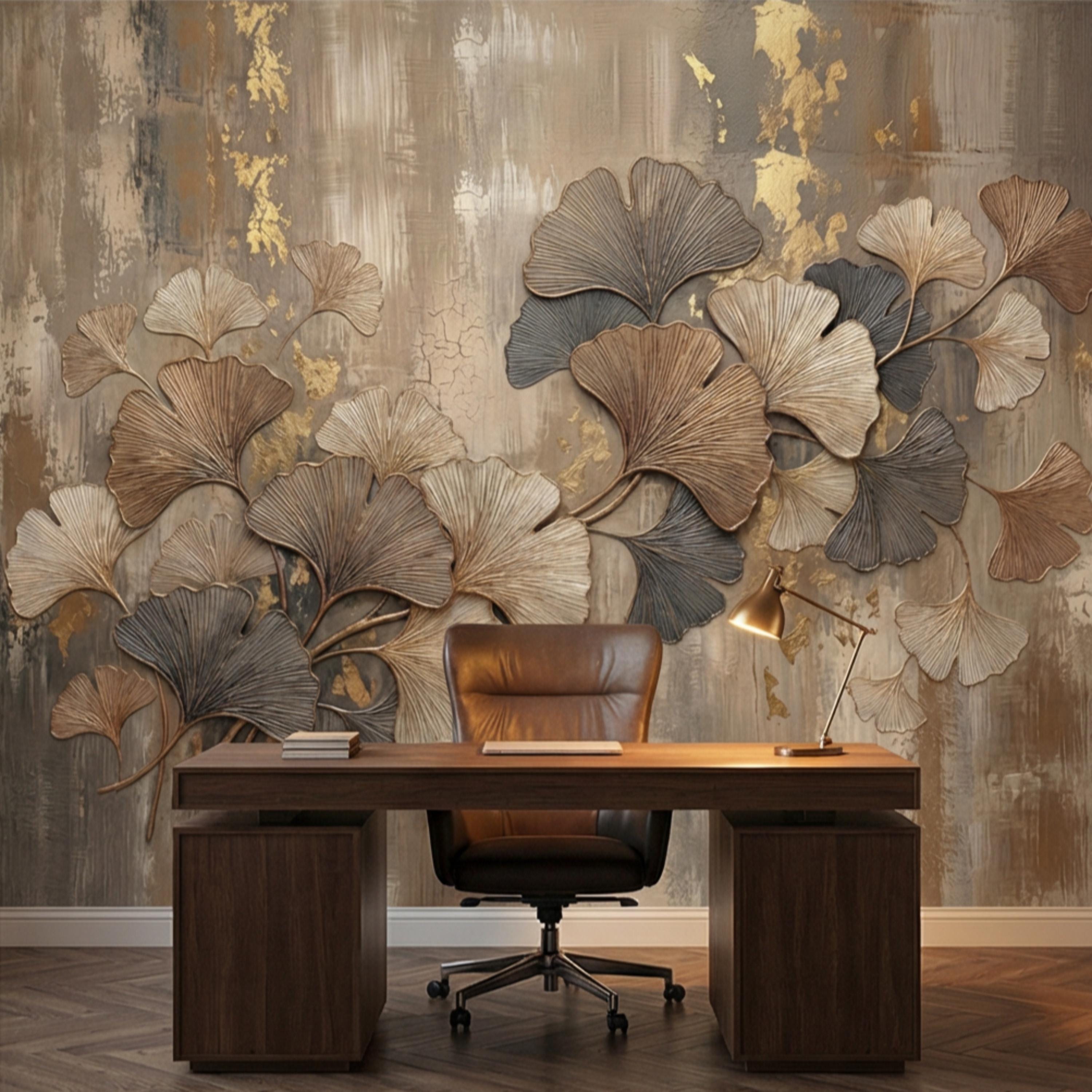 Textured Ginkgo Leaf Peel and Stick Wall Mural, Neutral Designer Botanical Wallpaper, Modern Luxury Interior Statement Wall Decor