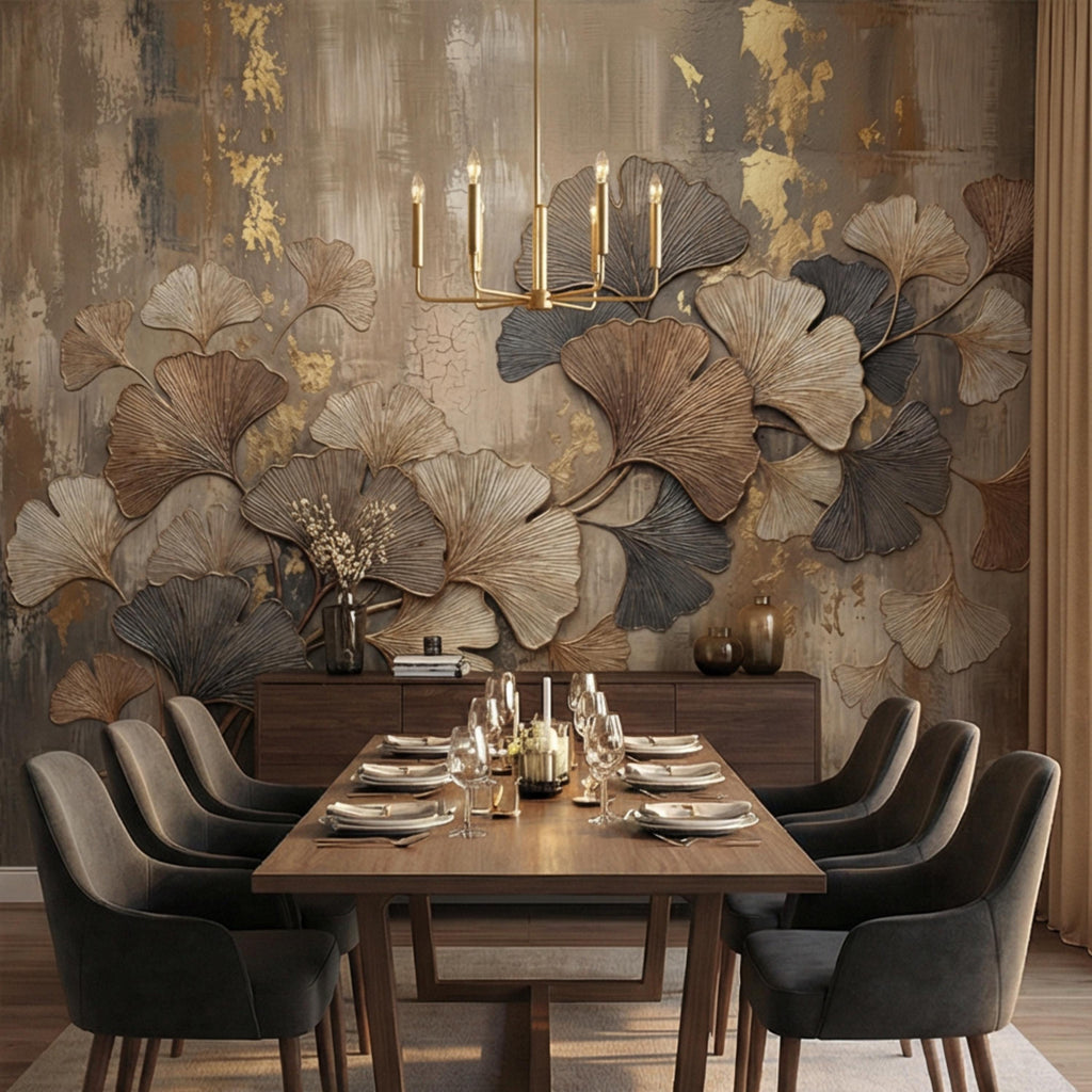 Textured Ginkgo Leaf Peel and Stick Wall Mural, Neutral Designer Botanical Wallpaper, Modern Luxury Interior Statement Wall Decor