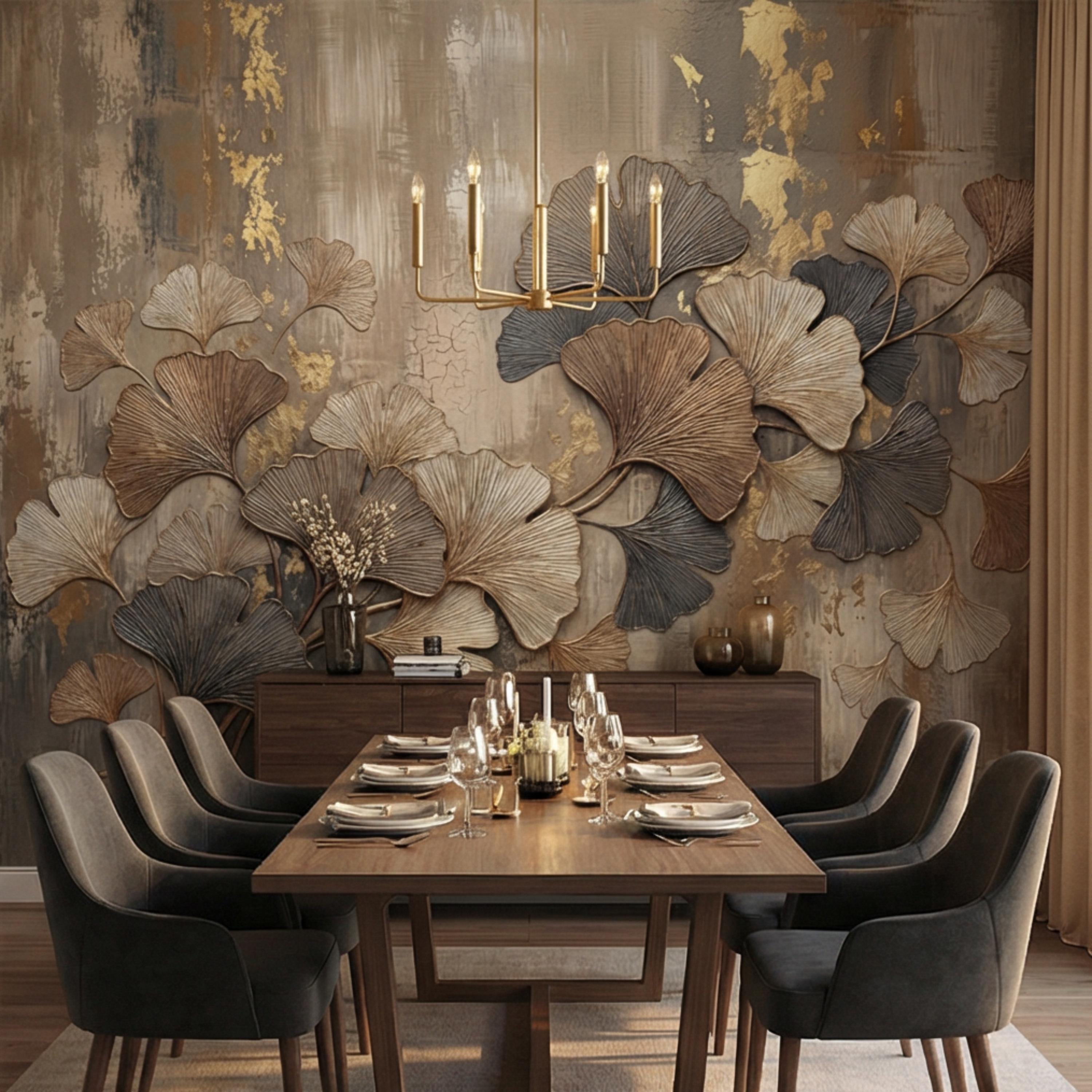 Textured Ginkgo Leaf Peel and Stick Wall Mural, Neutral Designer Botanical Wallpaper, Modern Luxury Interior Statement Wall Decor