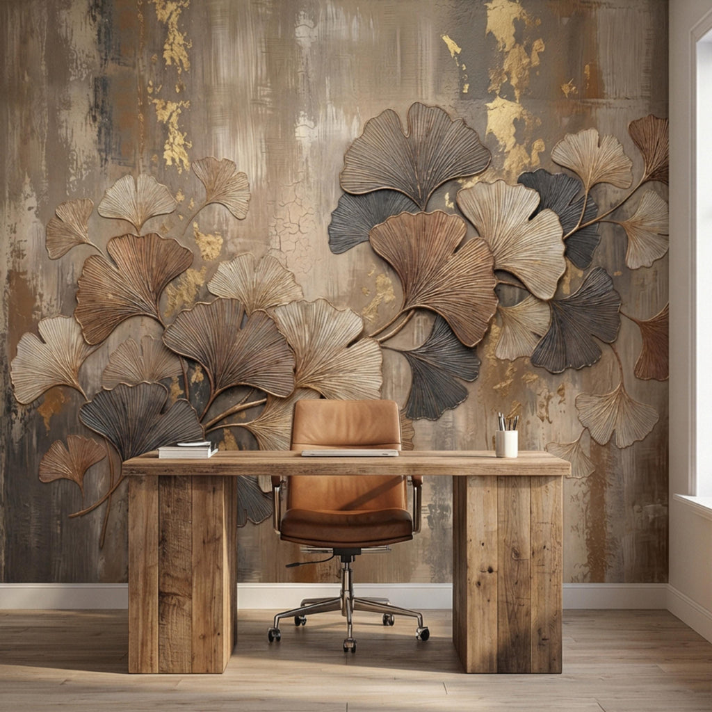 Textured Ginkgo Leaf Peel and Stick Wall Mural, Neutral Designer Botanical Wallpaper, Modern Luxury Interior Statement Wall Decor