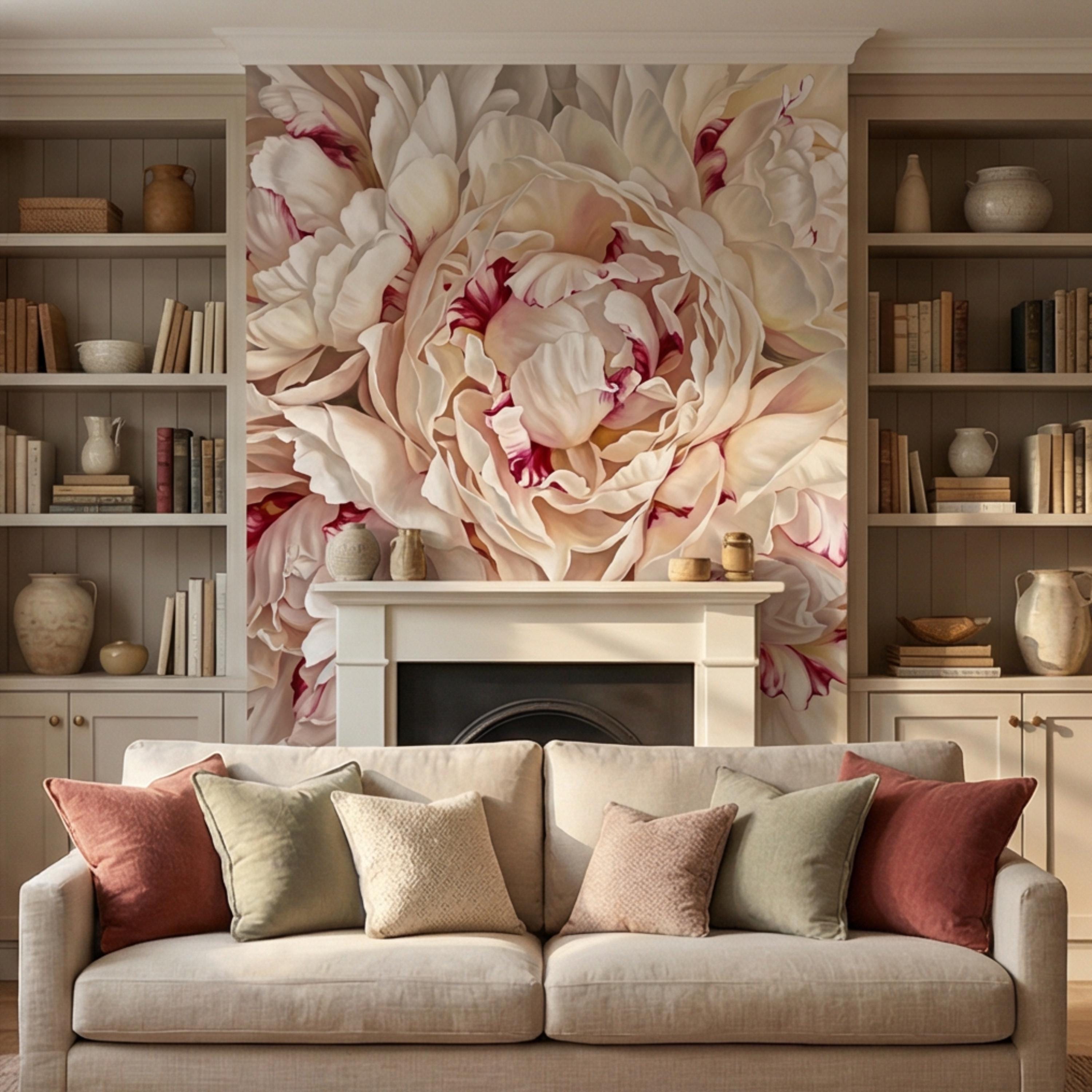 Blush Cream Peony Peel and Stick Wall Mural, Large Romantic Floral Wallpaper, Soft Feminine Luxury Wall Decor