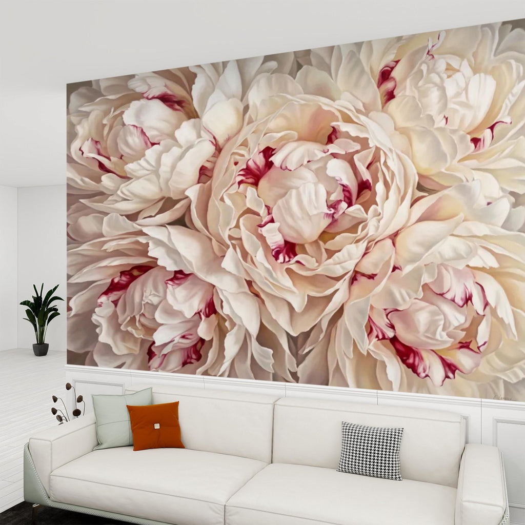 Blush Cream Peony Peel and Stick Wall Mural, Large Romantic Floral Wallpaper, Soft Feminine Luxury Wall Decor