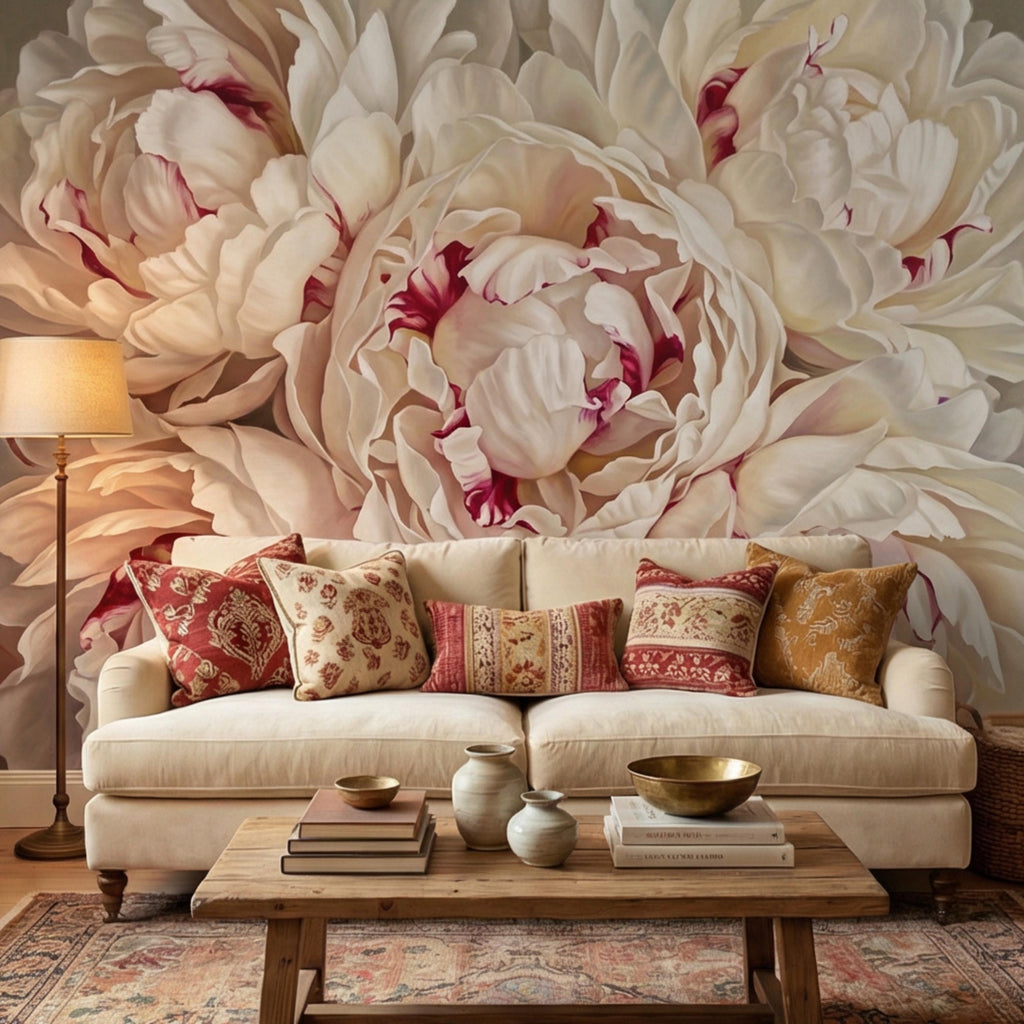 Blush Cream Peony Peel and Stick Wall Mural, Large Romantic Floral Wallpaper, Soft Feminine Luxury Wall Decor