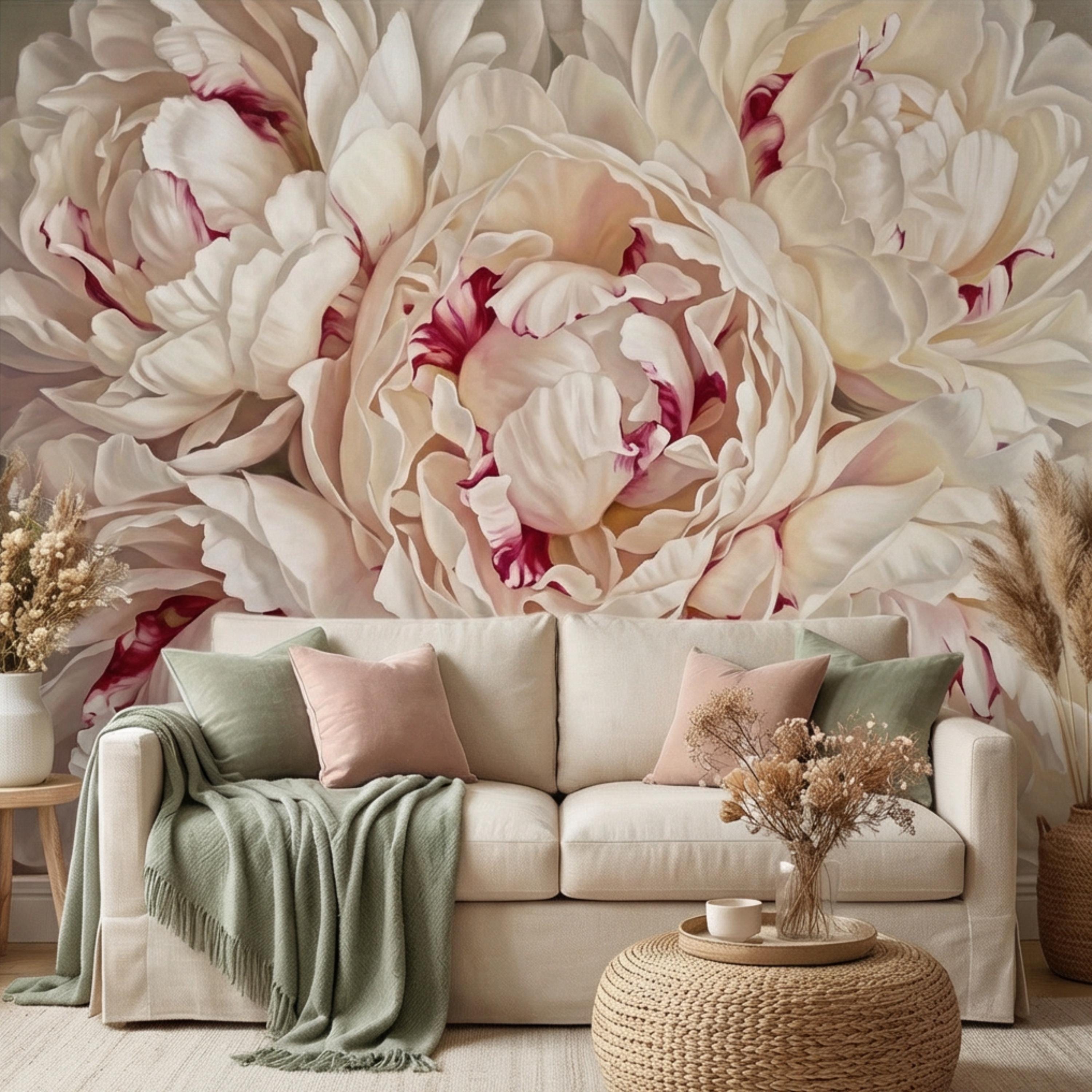 Blush Cream Peony Peel and Stick Wall Mural, Large Romantic Floral Wallpaper, Soft Feminine Luxury Wall Decor