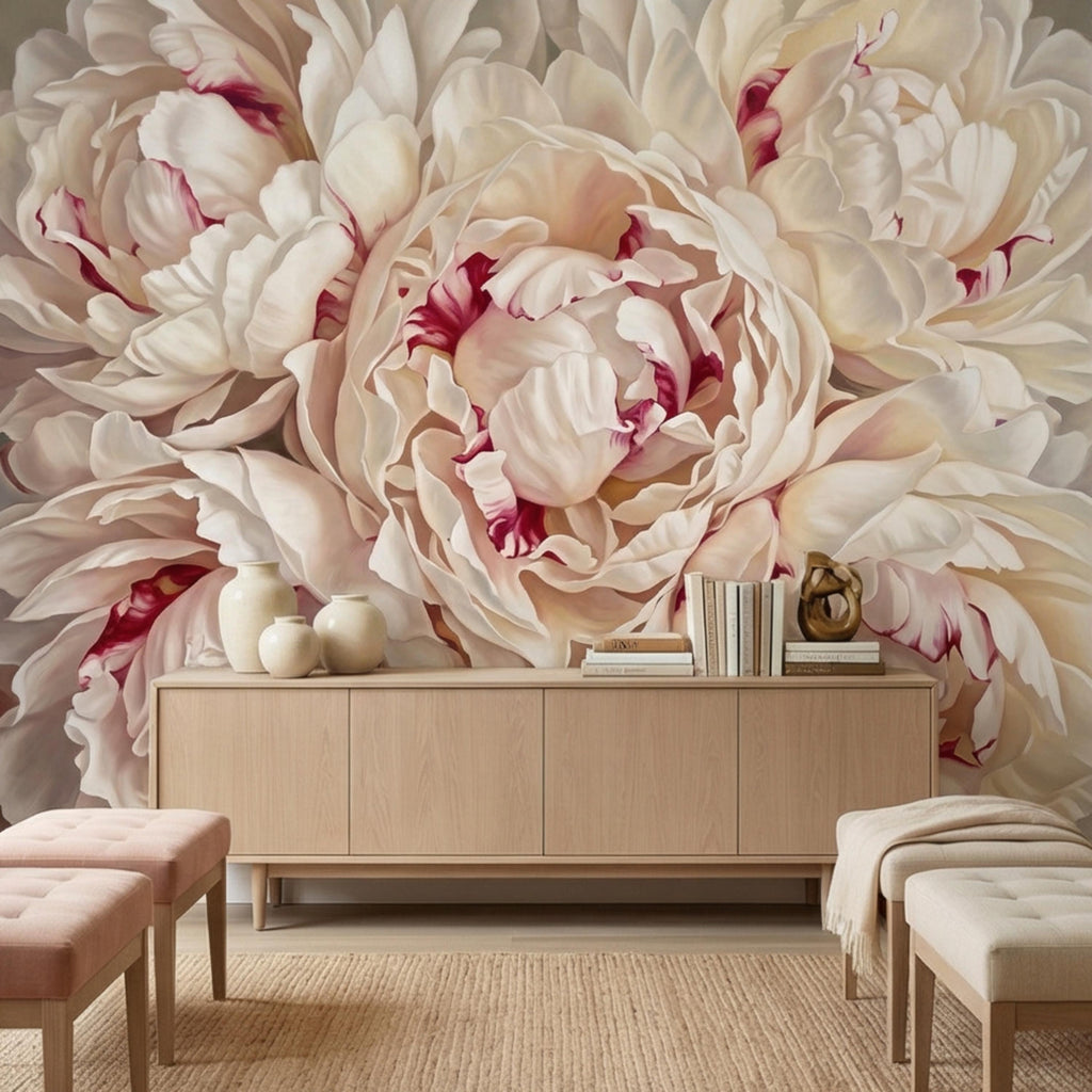 Blush Cream Peony Peel and Stick Wall Mural, Large Romantic Floral Wallpaper, Soft Feminine Luxury Wall Decor