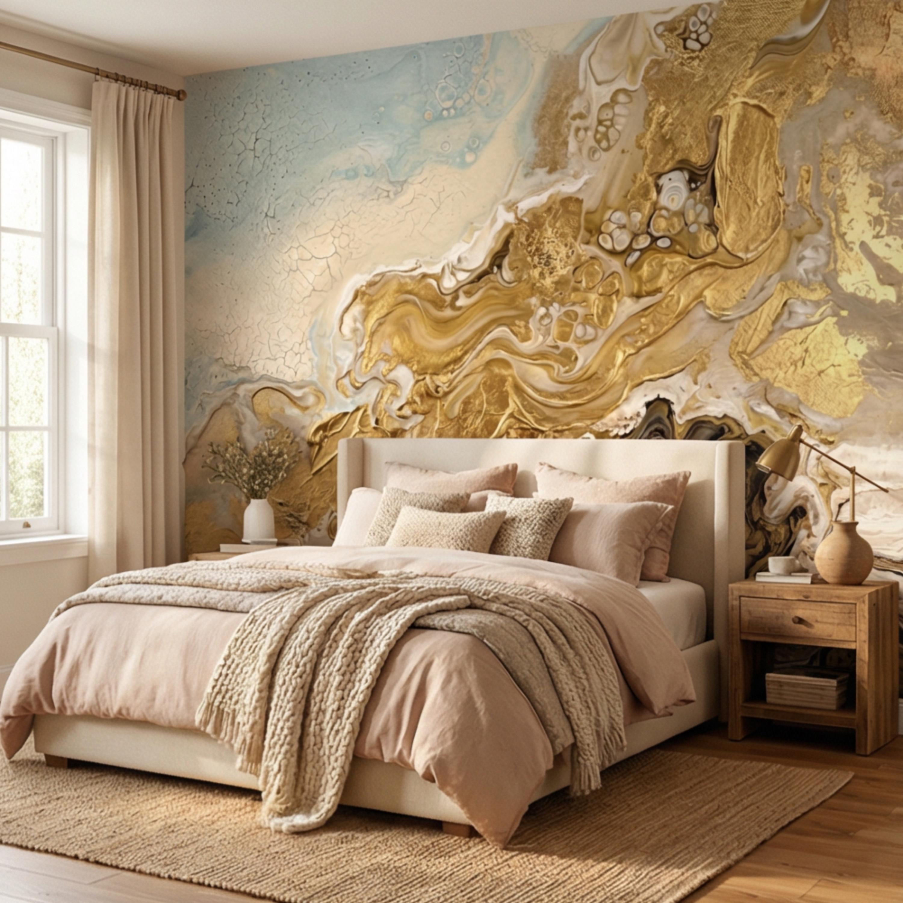 Textured Gold Plaster Peel and Stick Wall Mural, Abstract Architectural Paint Effect Wallpaper, Luxury Modern Interior Statement Wall Decor