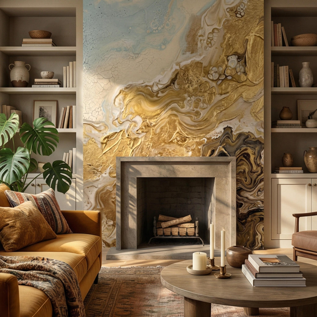 Textured Gold Plaster Peel and Stick Wall Mural, Abstract Architectural Paint Effect Wallpaper, Luxury Modern Interior Statement Wall Decor