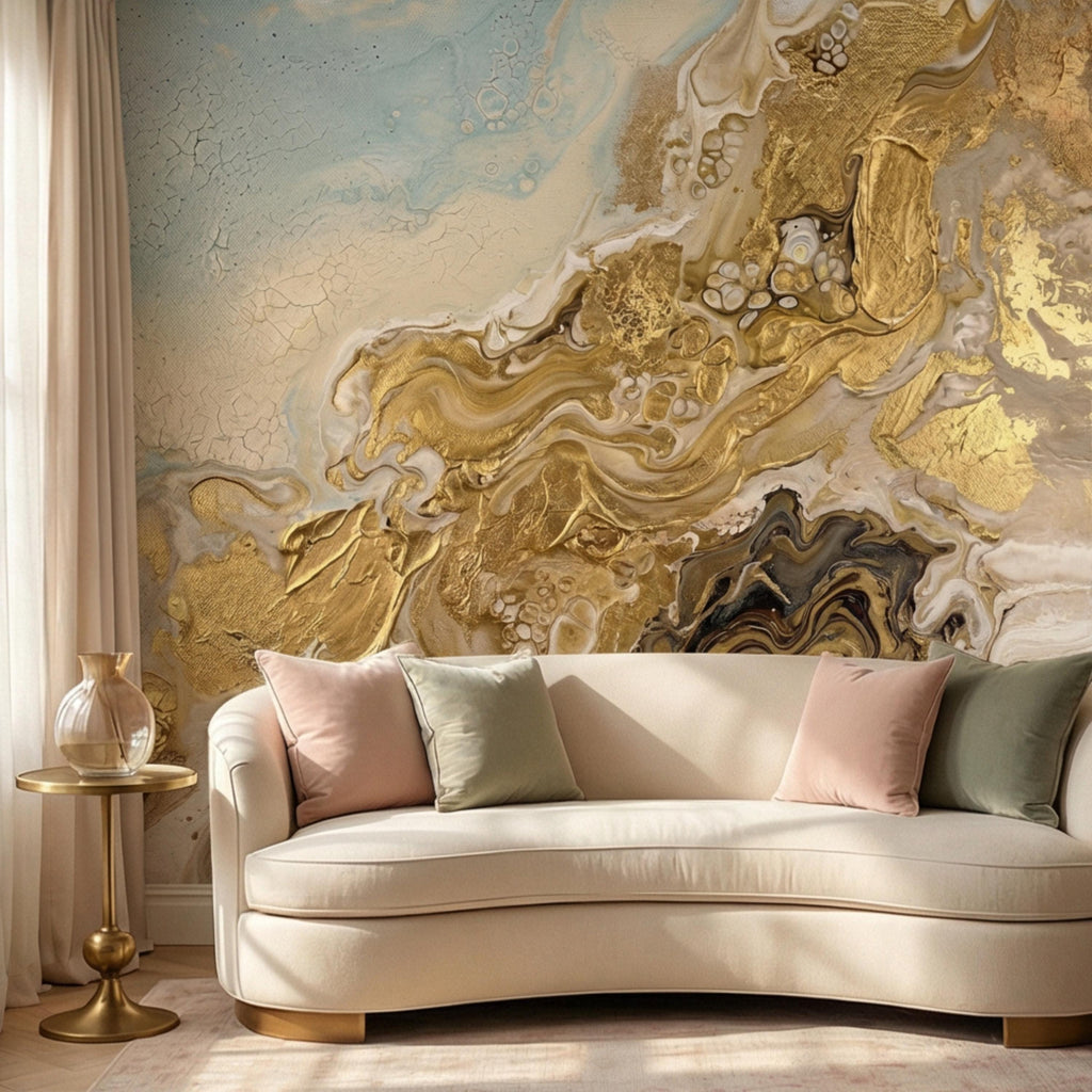 Textured Gold Plaster Peel and Stick Wall Mural, Abstract Architectural Paint Effect Wallpaper, Luxury Modern Interior Statement Wall Decor