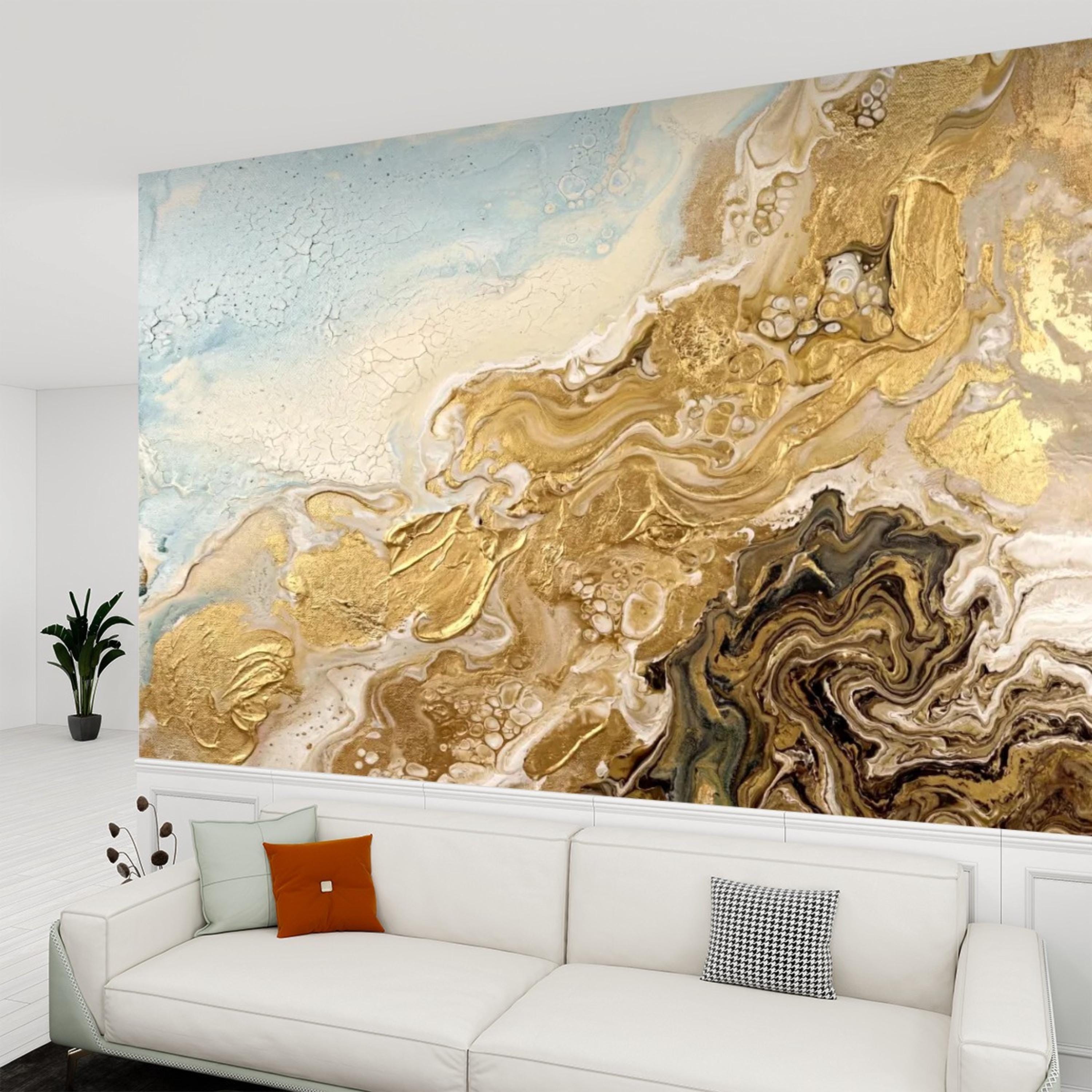 Textured Gold Plaster Peel and Stick Wall Mural, Abstract Architectural Paint Effect Wallpaper, Luxury Modern Interior Statement Wall Decor