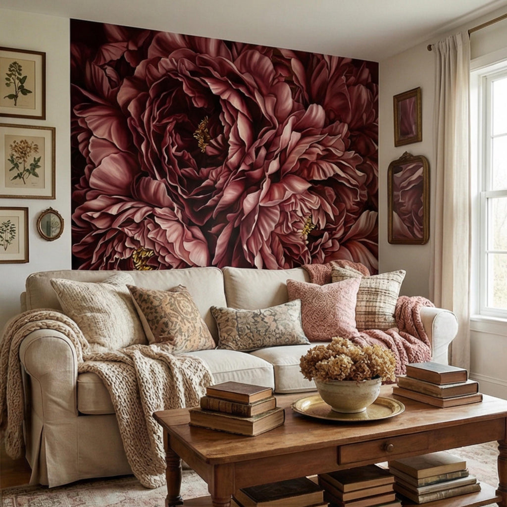 Burgundy Peony Peel and Stick Wall Mural, Dark Romantic Floral Wallpaper, Moody Wine Red Statement Wall Decor