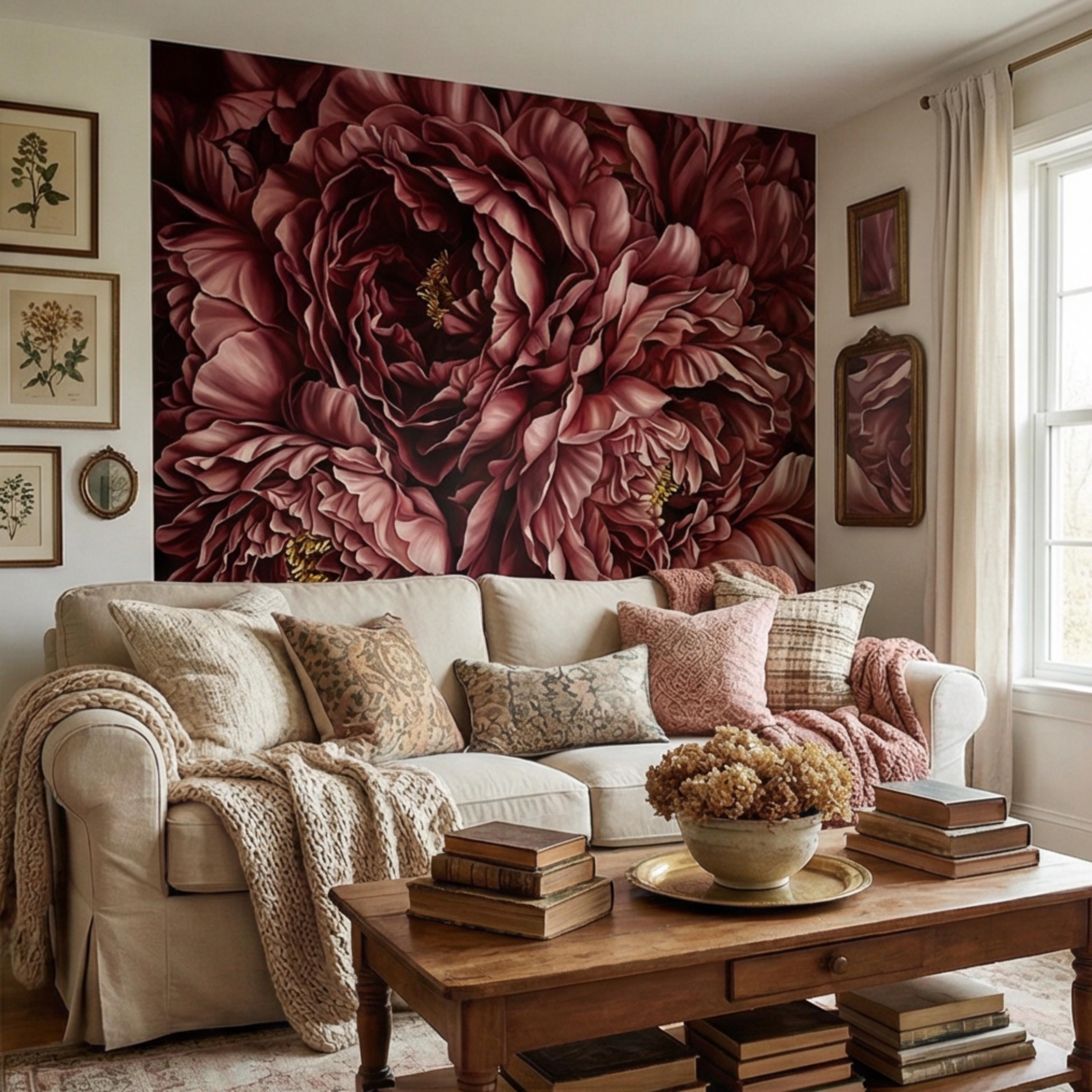 Burgundy Peony Peel and Stick Wall Mural, Dark Romantic Floral Wallpaper, Moody Wine Red Statement Wall Decor