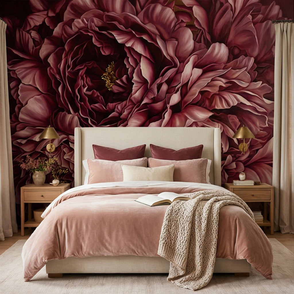 Burgundy Peony Peel and Stick Wall Mural, Dark Romantic Floral Wallpaper, Moody Wine Red Statement Wall Decor