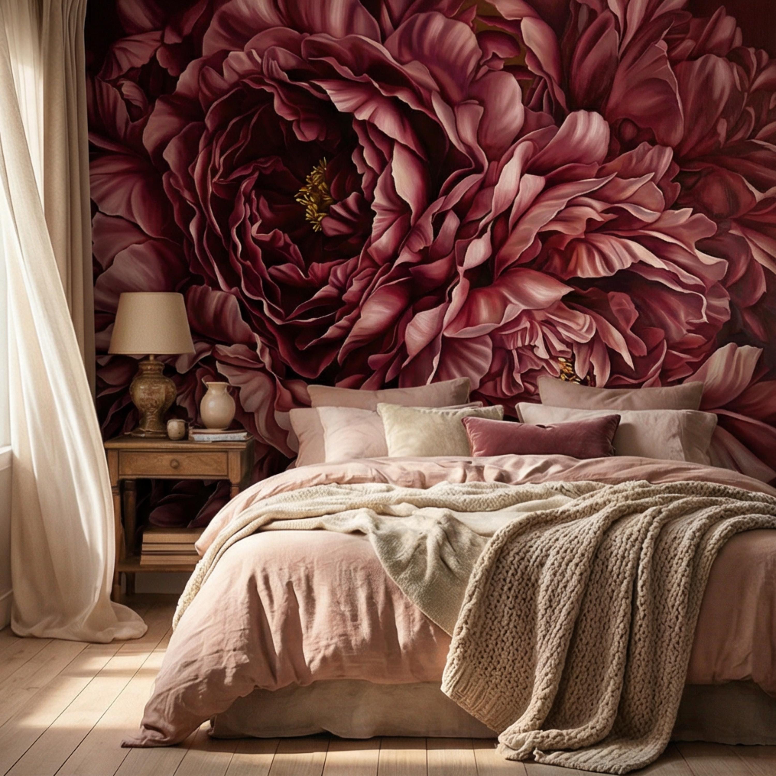 Burgundy Peony Peel and Stick Wall Mural, Dark Romantic Floral Wallpaper, Moody Wine Red Statement Wall Decor