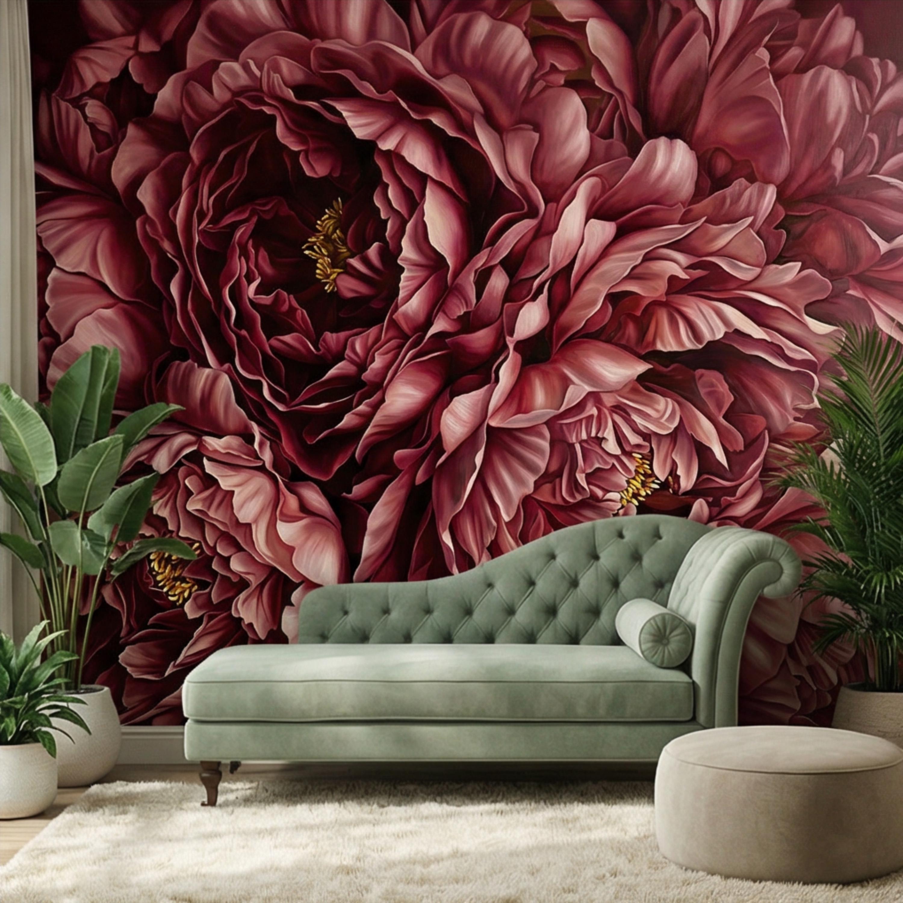 Burgundy Peony Peel and Stick Wall Mural, Dark Romantic Floral Wallpaper, Moody Wine Red Statement Wall Decor