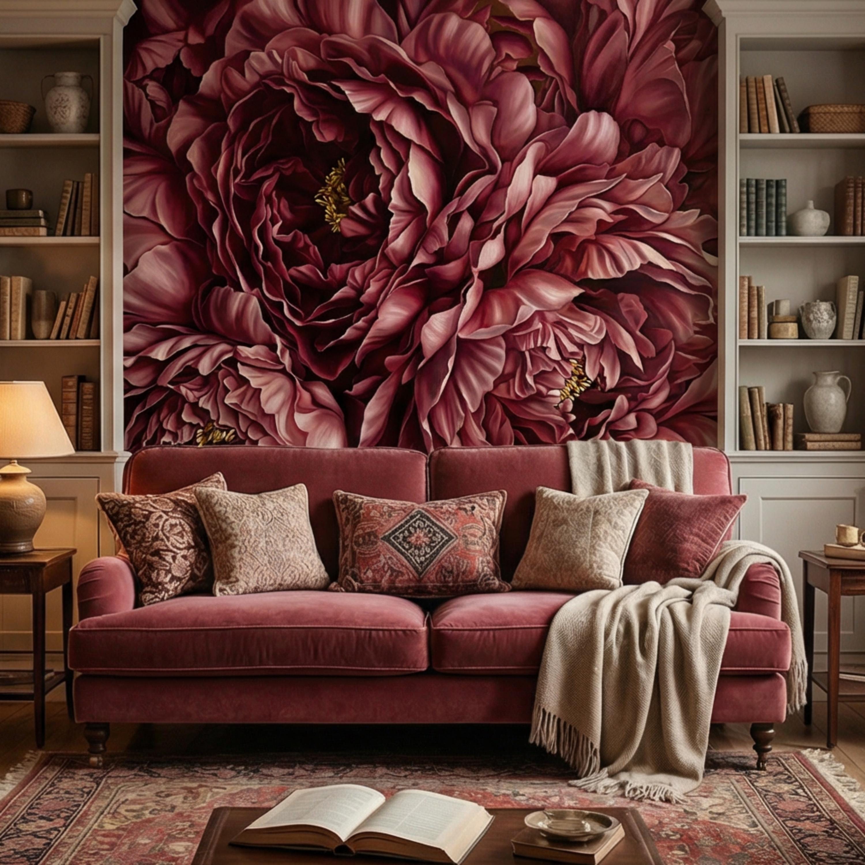 Burgundy Peony Peel and Stick Wall Mural, Dark Romantic Floral Wallpaper, Moody Wine Red Statement Wall Decor