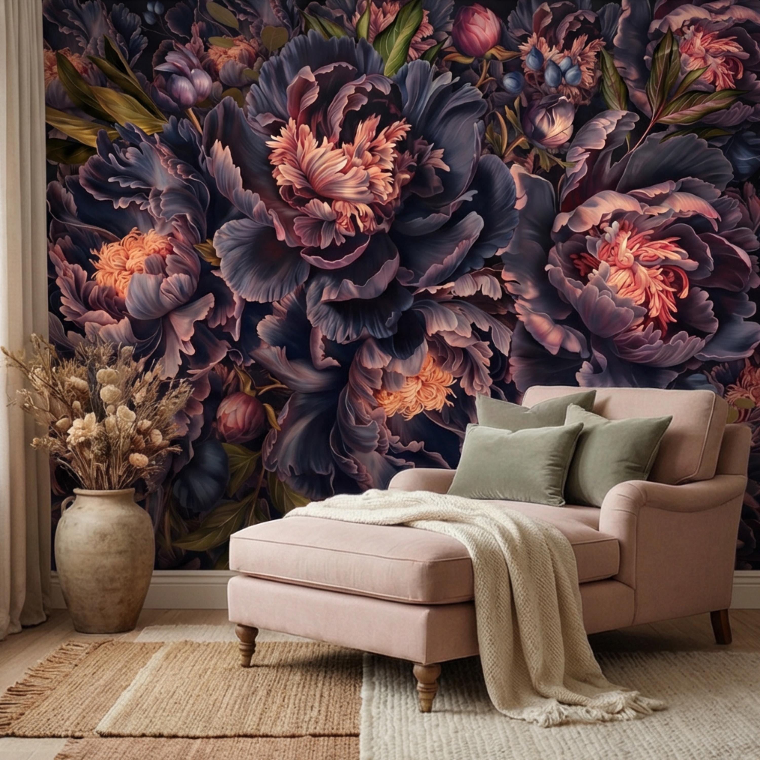 Midnight Indigo Peony Peel and Stick Wall Mural, Dark Romantic Floral Wallpaper, Oversized Moody Statement Wall Decor