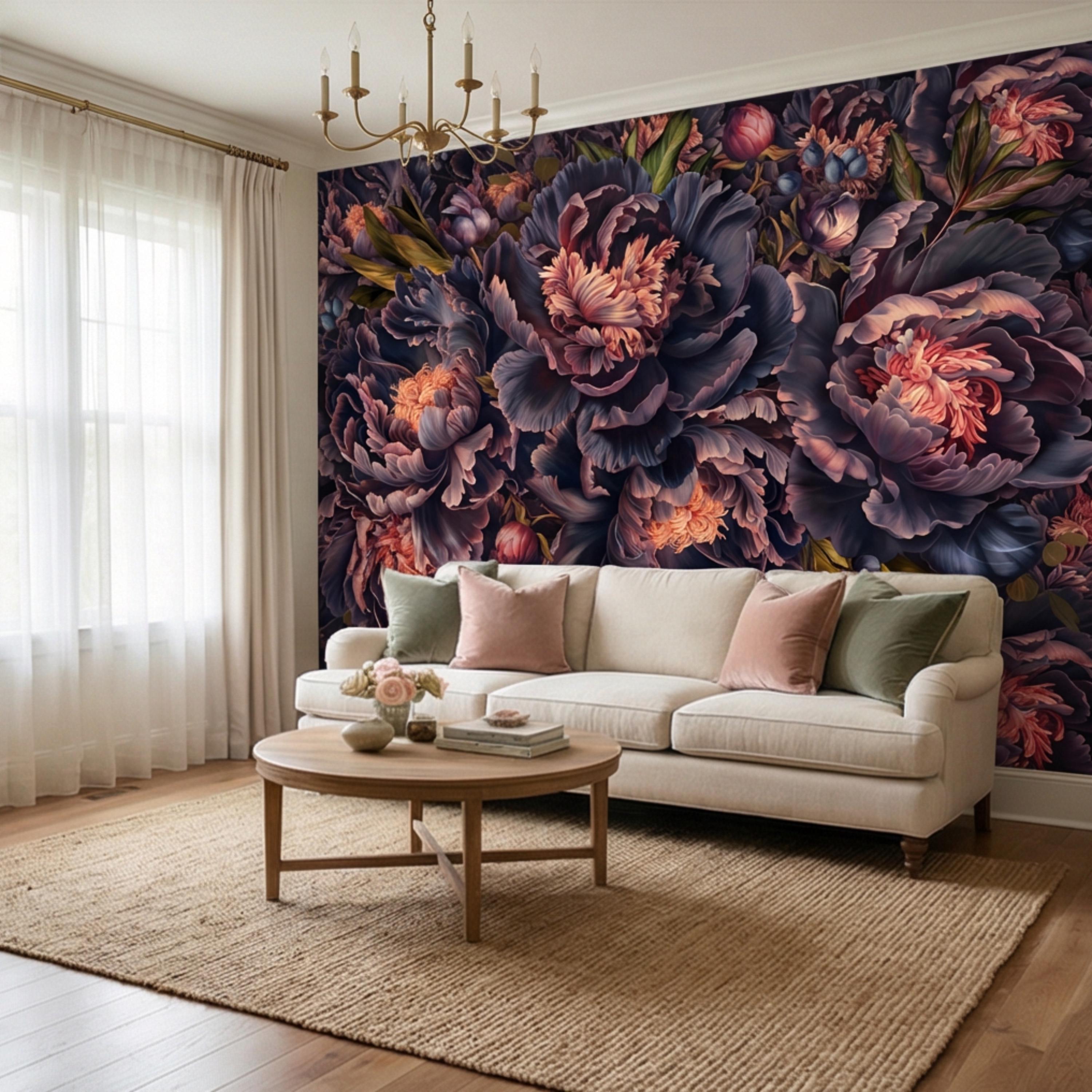 Midnight Indigo Peony Peel and Stick Wall Mural, Dark Romantic Floral Wallpaper, Oversized Moody Statement Wall Decor