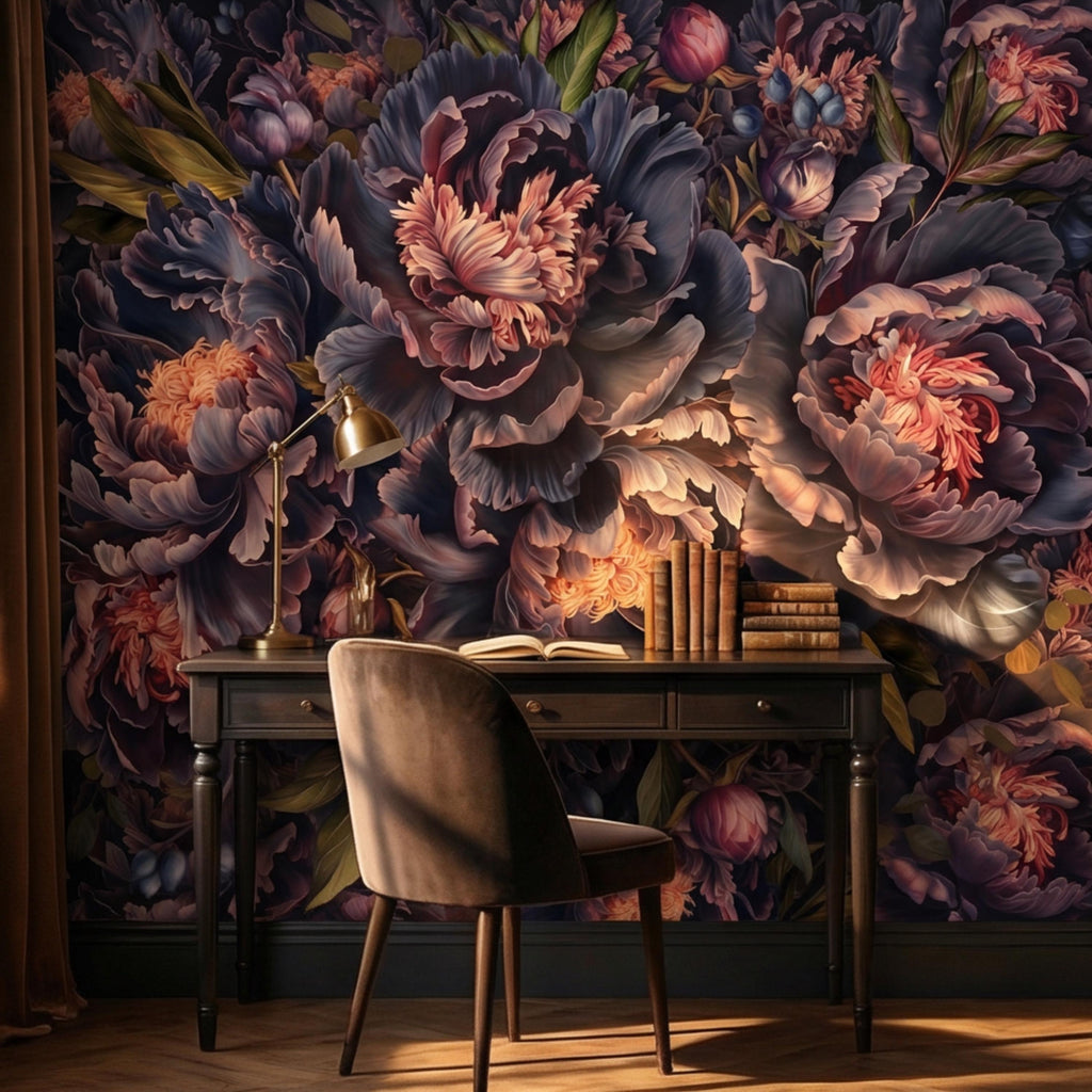 Midnight Indigo Peony Peel and Stick Wall Mural, Dark Romantic Floral Wallpaper, Oversized Moody Statement Wall Decor