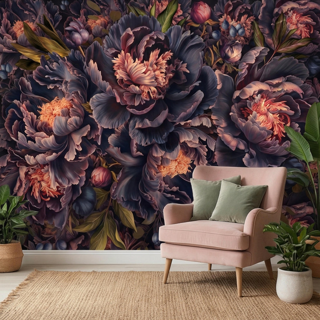 Midnight Indigo Peony Peel and Stick Wall Mural, Dark Romantic Floral Wallpaper, Oversized Moody Statement Wall Decor