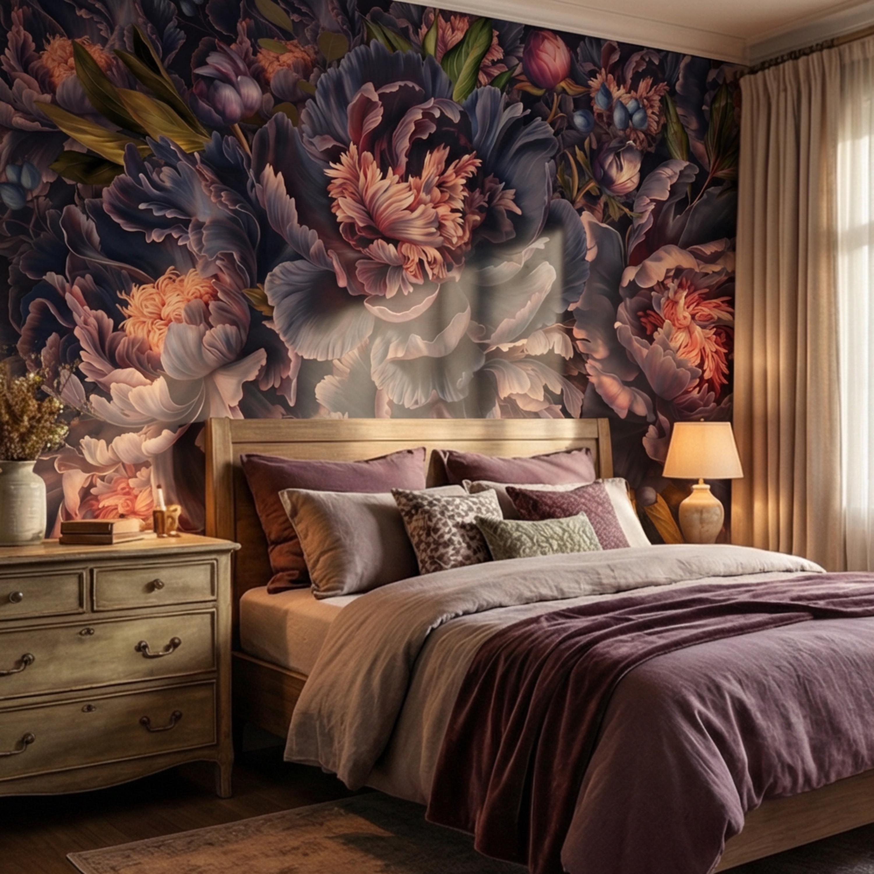 Midnight Indigo Peony Peel and Stick Wall Mural, Dark Romantic Floral Wallpaper, Oversized Moody Statement Wall Decor