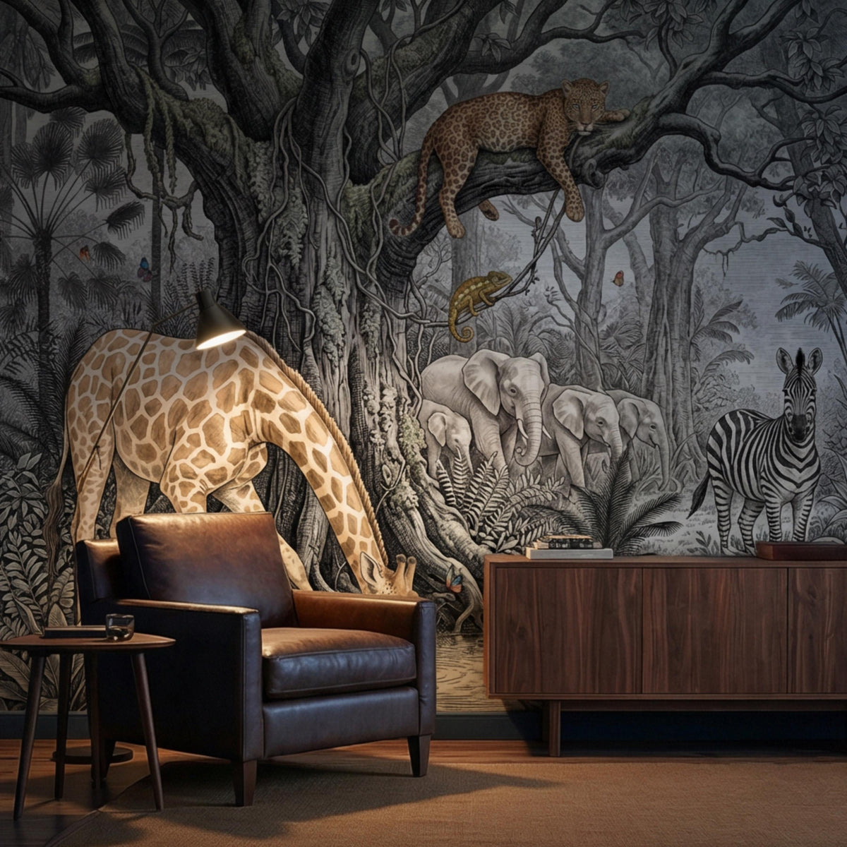 Safari jungle animal wall mural featuring a giraffe above a group of elephants and zebra