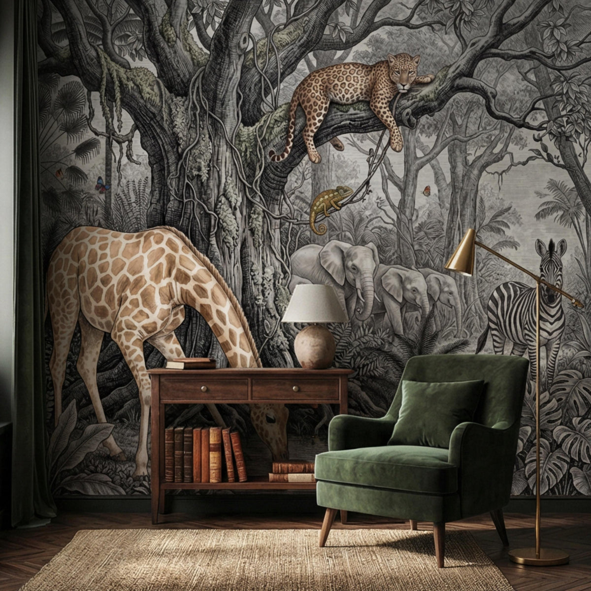 Safari jungle animal wall mural showing giraffe at top and elephants with zebra nearby