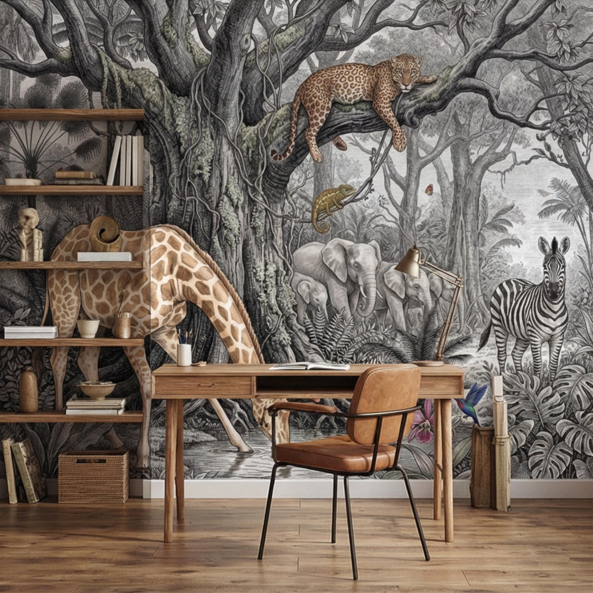 Safari jungle animal wall mural with giraffe, elephants, zebra, and vines in monochrome