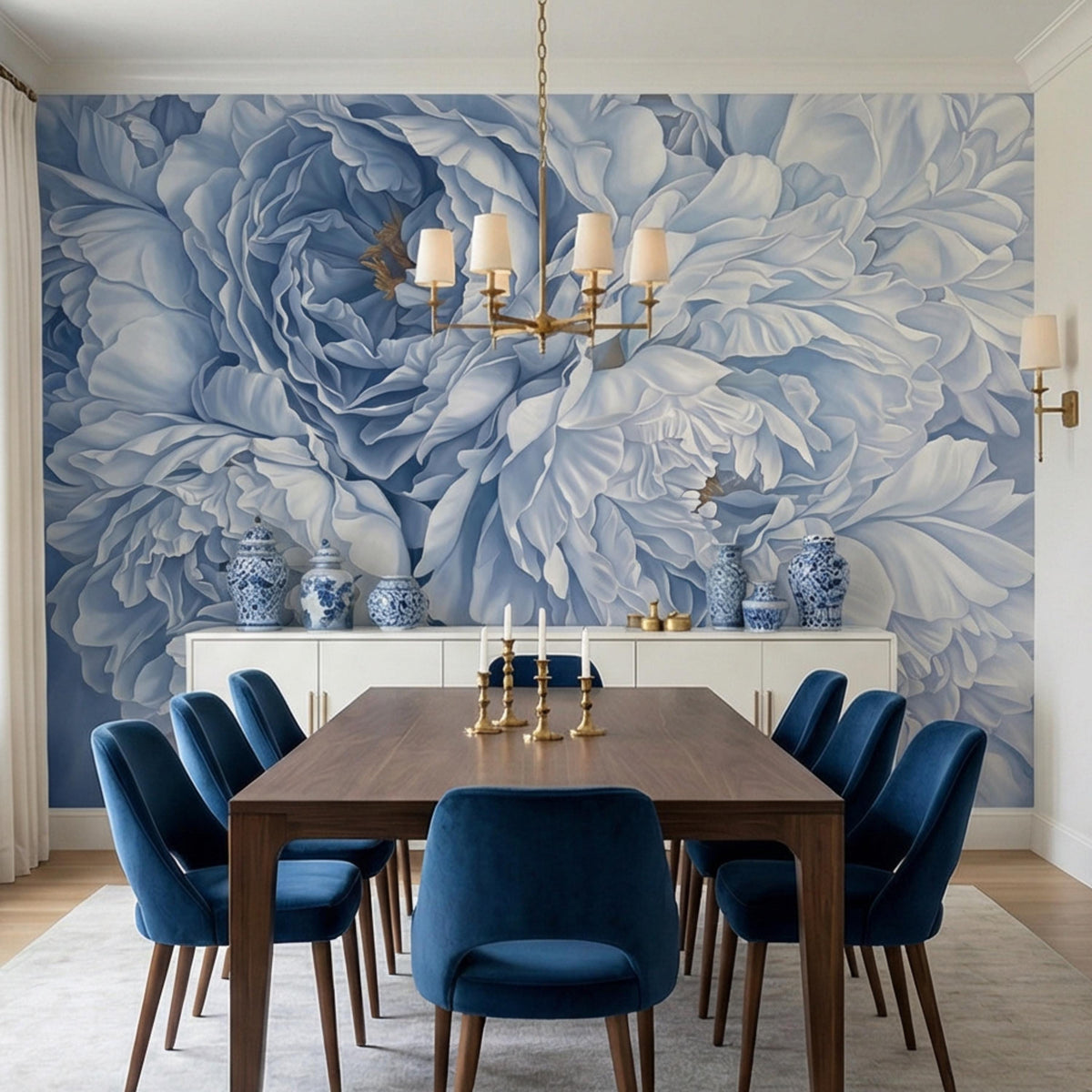 Blue and white peony floral wall mural with layered petals behind a dining set
