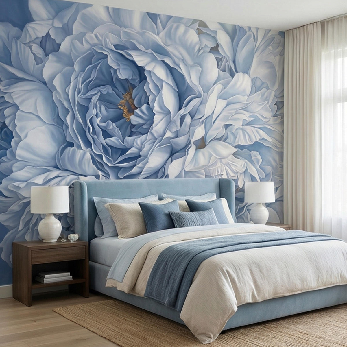 Blue peony floral wall mural covering the wall behind a bed and pillows