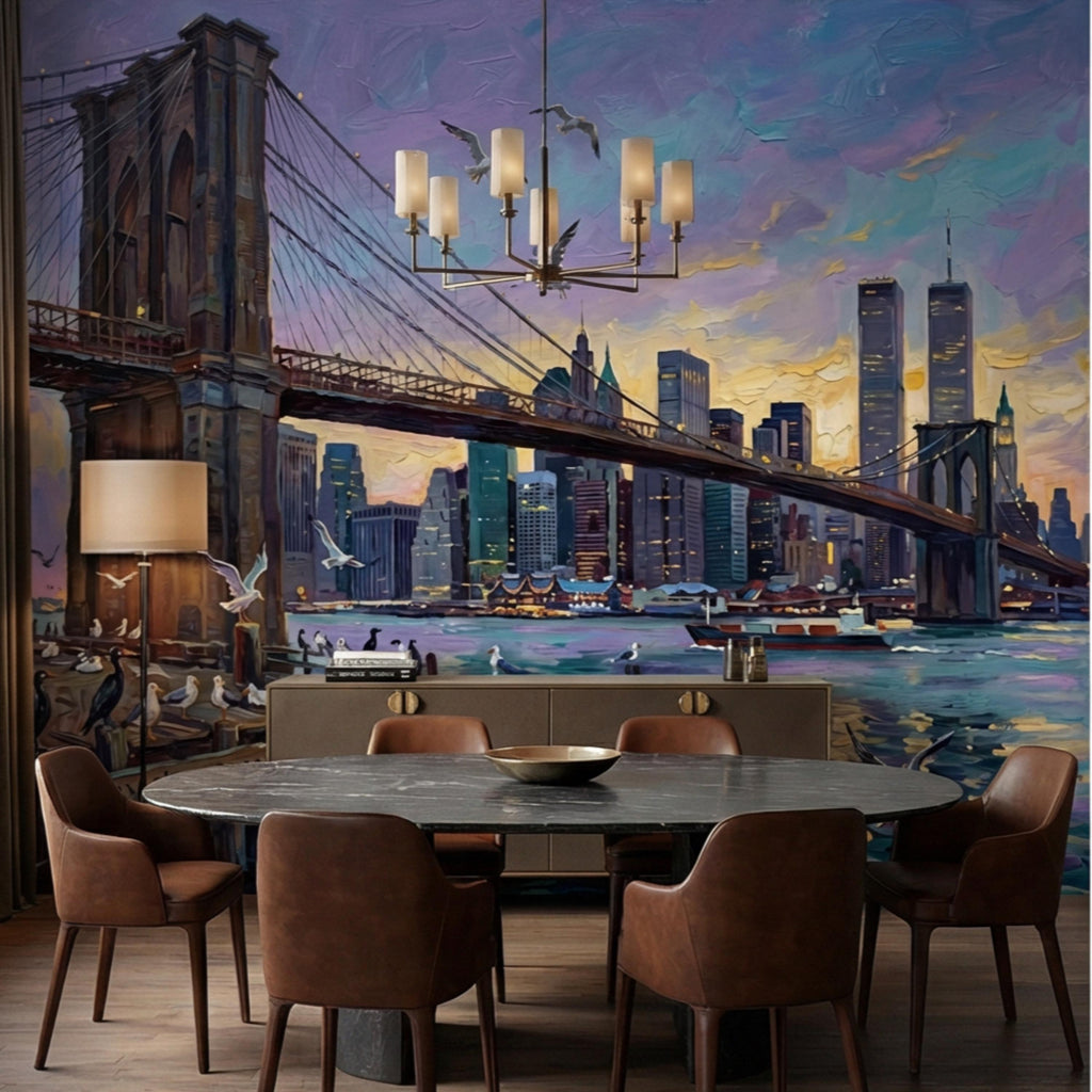 Brooklyn Bridge NYC Sunset Oil Painting Peel and Stick Wall Mural, New York City Skyline Wallpaper, Urban Cityscape Wall Decor