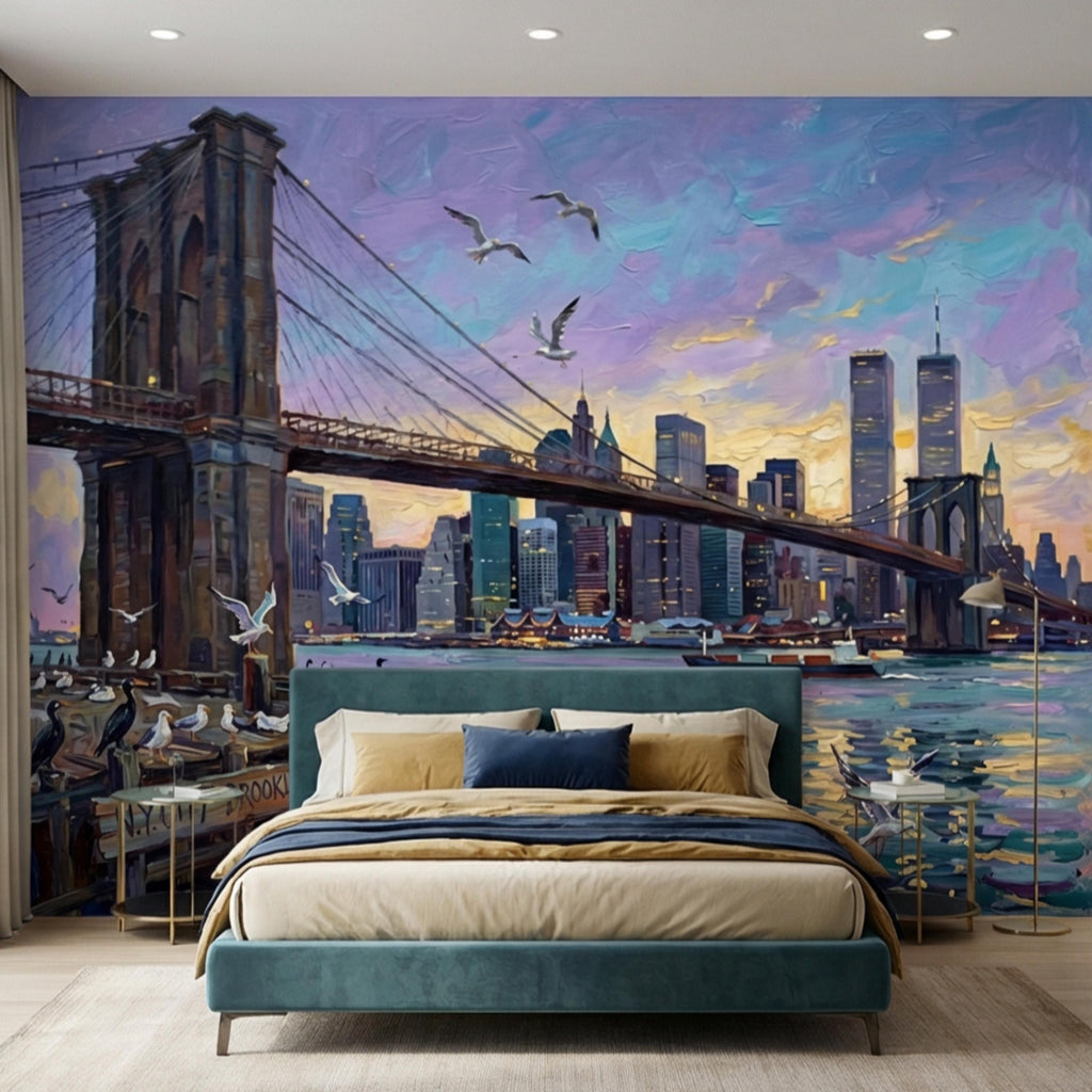Brooklyn Bridge NYC Sunset Oil Painting Peel and Stick Wall Mural, New York City Skyline Wallpaper, Urban Cityscape Wall Decor