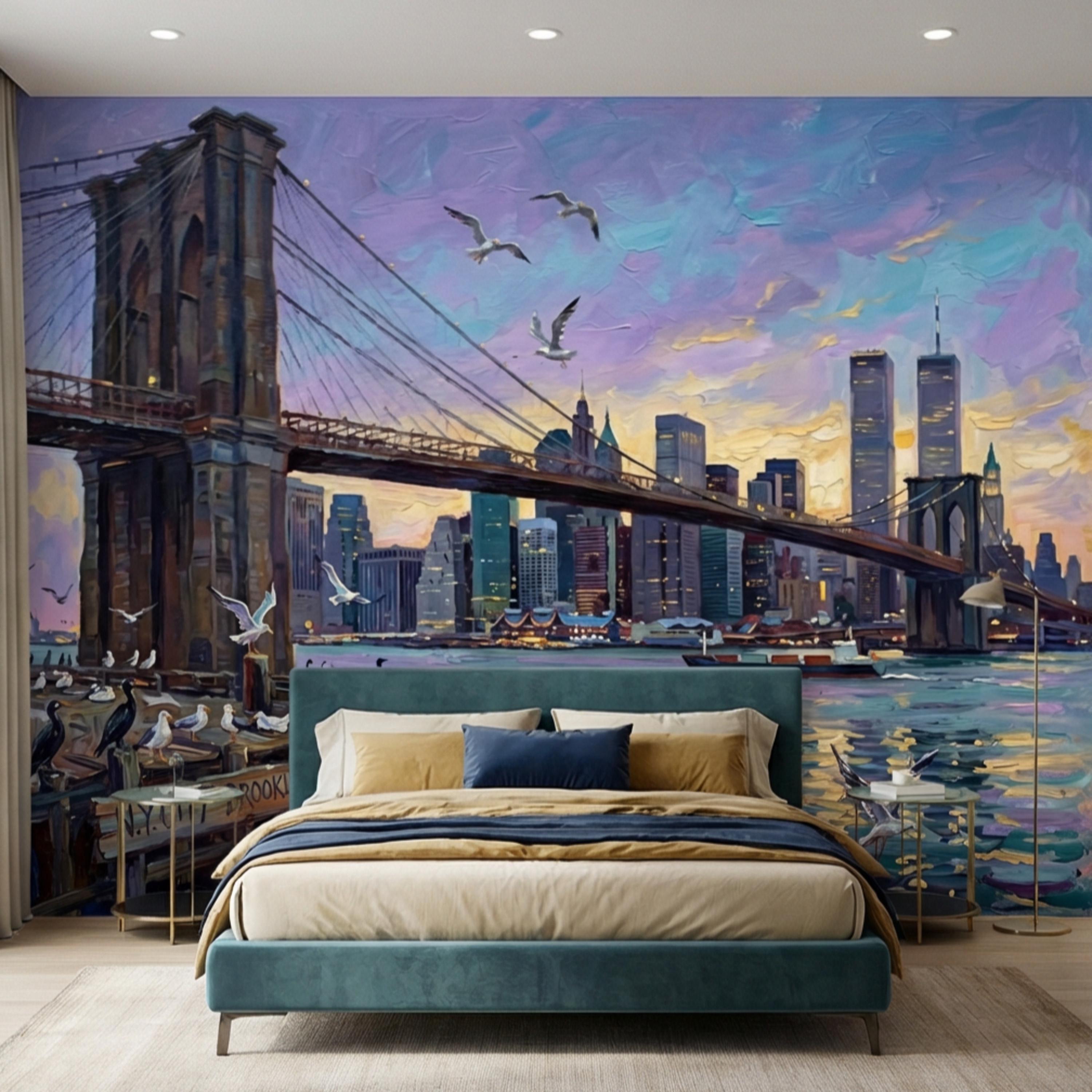 Brooklyn Bridge NYC Sunset Oil Painting Peel and Stick Wall Mural, New York City Skyline Wallpaper, Urban Cityscape Wall Decor