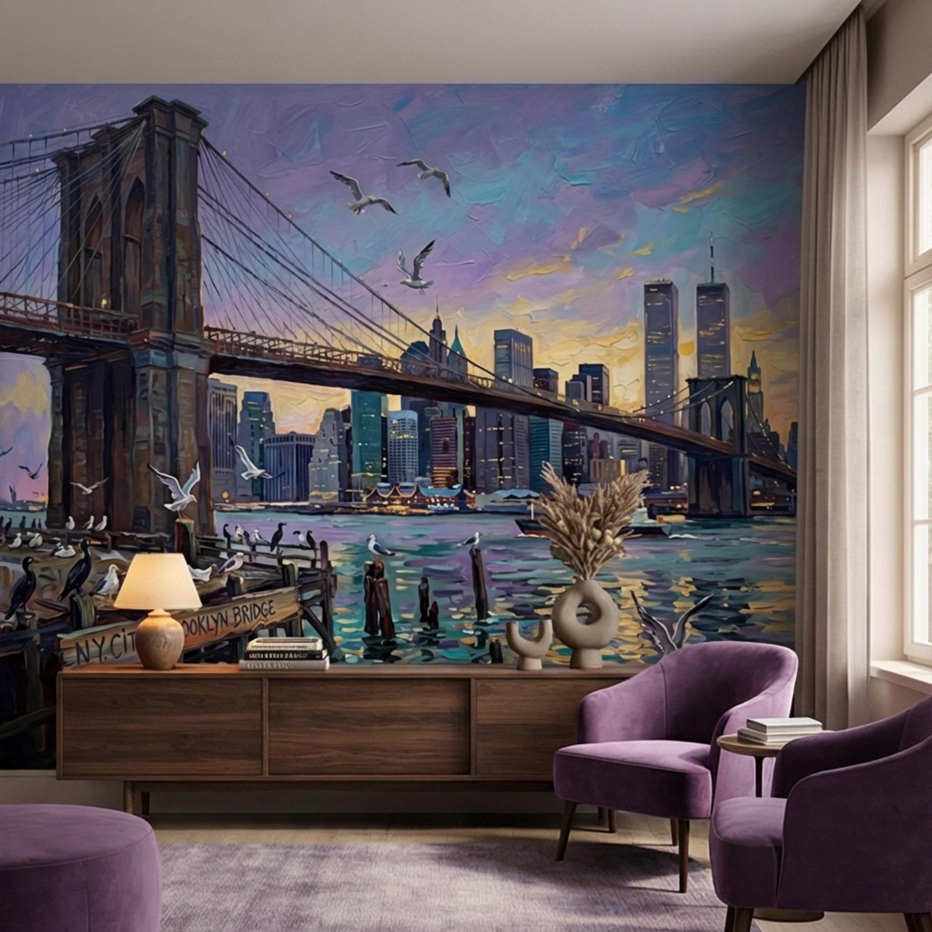 Brooklyn Bridge NYC Sunset Oil Painting Peel and Stick Wall Mural, New York City Skyline Wallpaper, Urban Cityscape Wall Decor