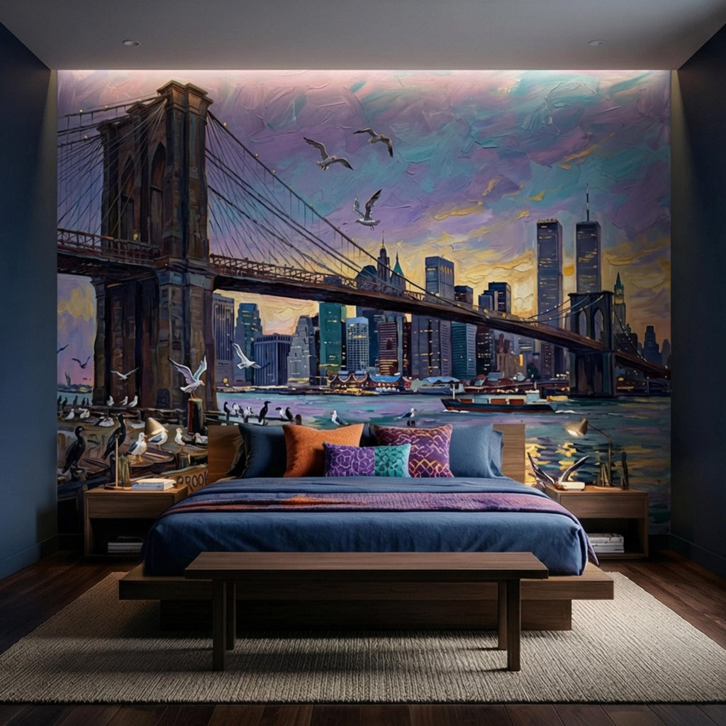 Brooklyn Bridge NYC Sunset Oil Painting Peel and Stick Wall Mural, New York City Skyline Wallpaper, Urban Cityscape Wall Decor