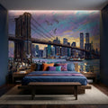 Brooklyn Bridge NYC Sunset Oil Painting Peel and Stick Wall Mural, New York City Skyline Wallpaper, Urban Cityscape Wall Decor