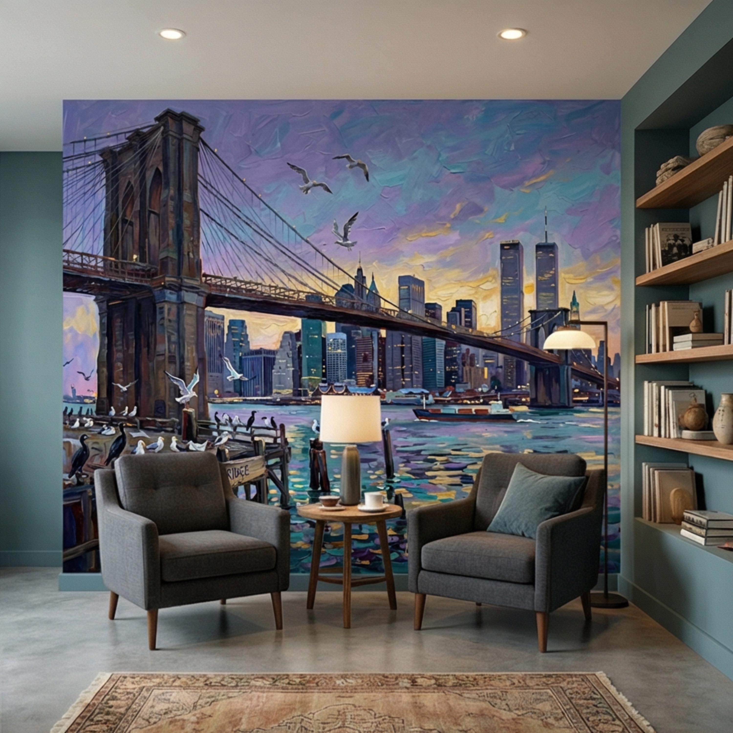 Brooklyn Bridge NYC Sunset Oil Painting Peel and Stick Wall Mural, New York City Skyline Wallpaper, Urban Cityscape Wall Decor