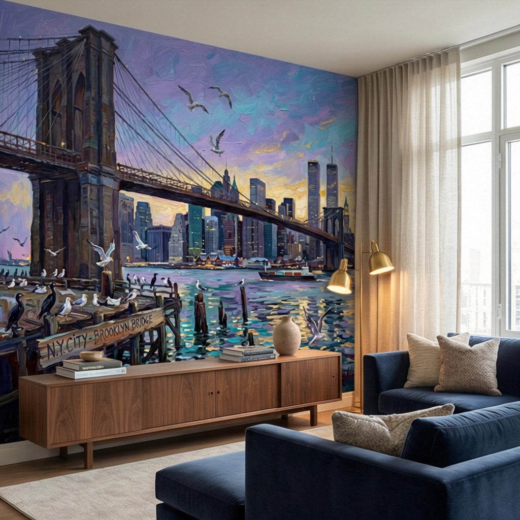 Brooklyn Bridge NYC Sunset Oil Painting Peel and Stick Wall Mural, New York City Skyline Wallpaper, Urban Cityscape Wall Decor