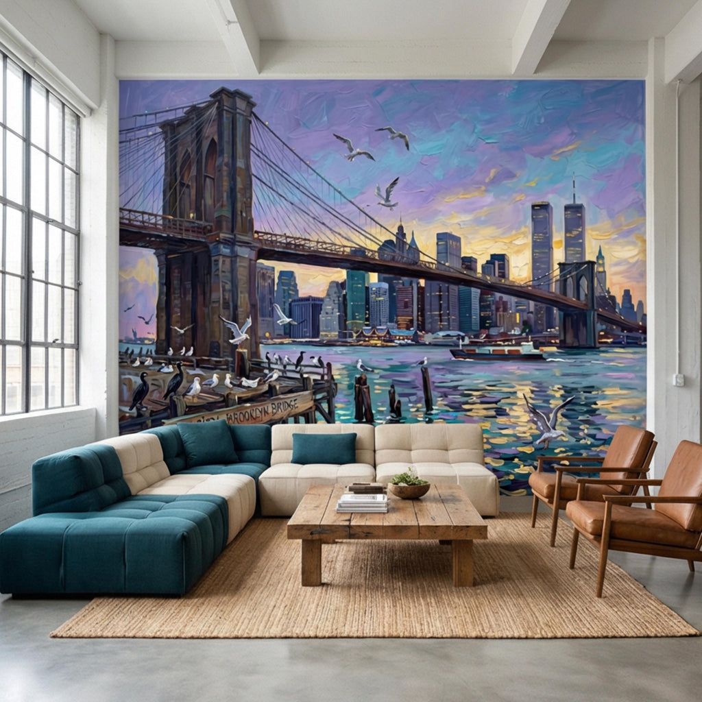 Brooklyn Bridge NYC Sunset Oil Painting Peel and Stick Wall Mural, New York City Skyline Wallpaper, Urban Cityscape Wall Decor
