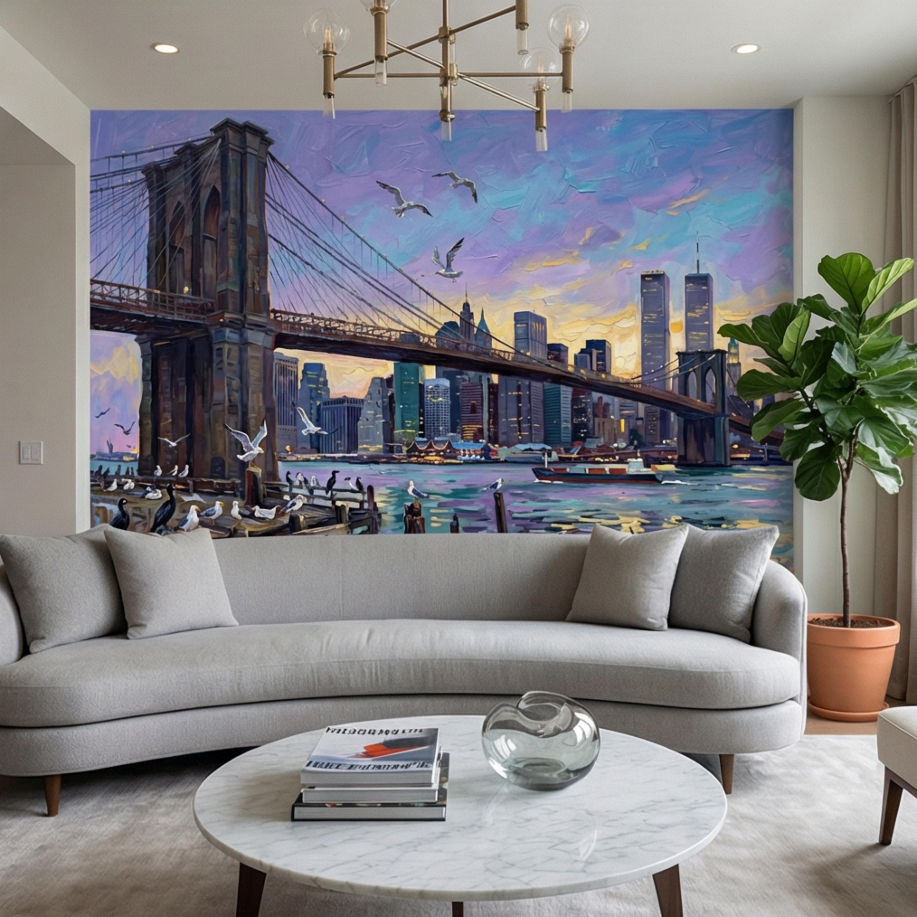 Brooklyn Bridge NYC Sunset Oil Painting Peel and Stick Wall Mural, New York City Skyline Wallpaper, Urban Cityscape Wall Decor