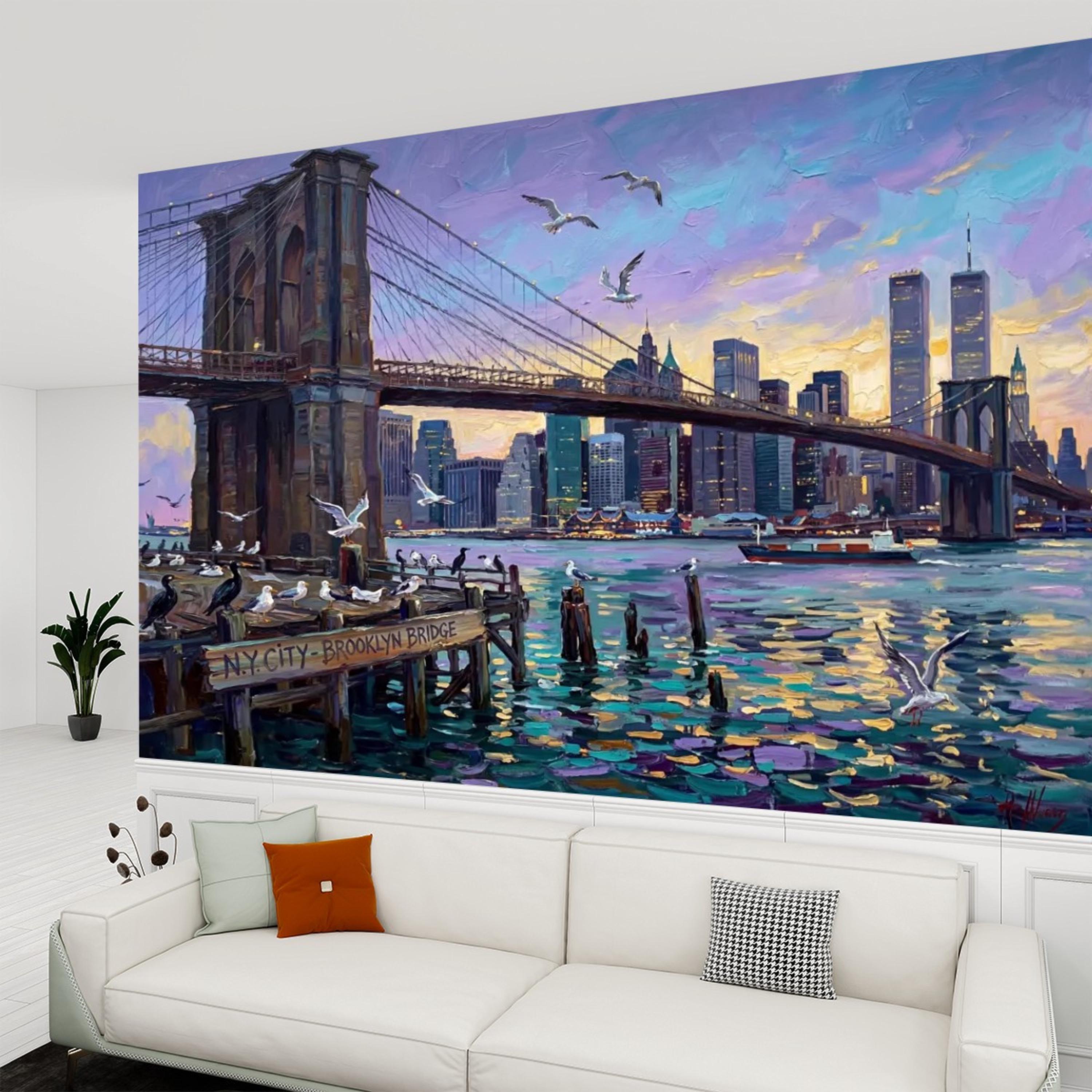 Brooklyn Bridge NYC Sunset Oil Painting Peel and Stick Wall Mural, New York City Skyline Wallpaper, Urban Cityscape Wall Decor