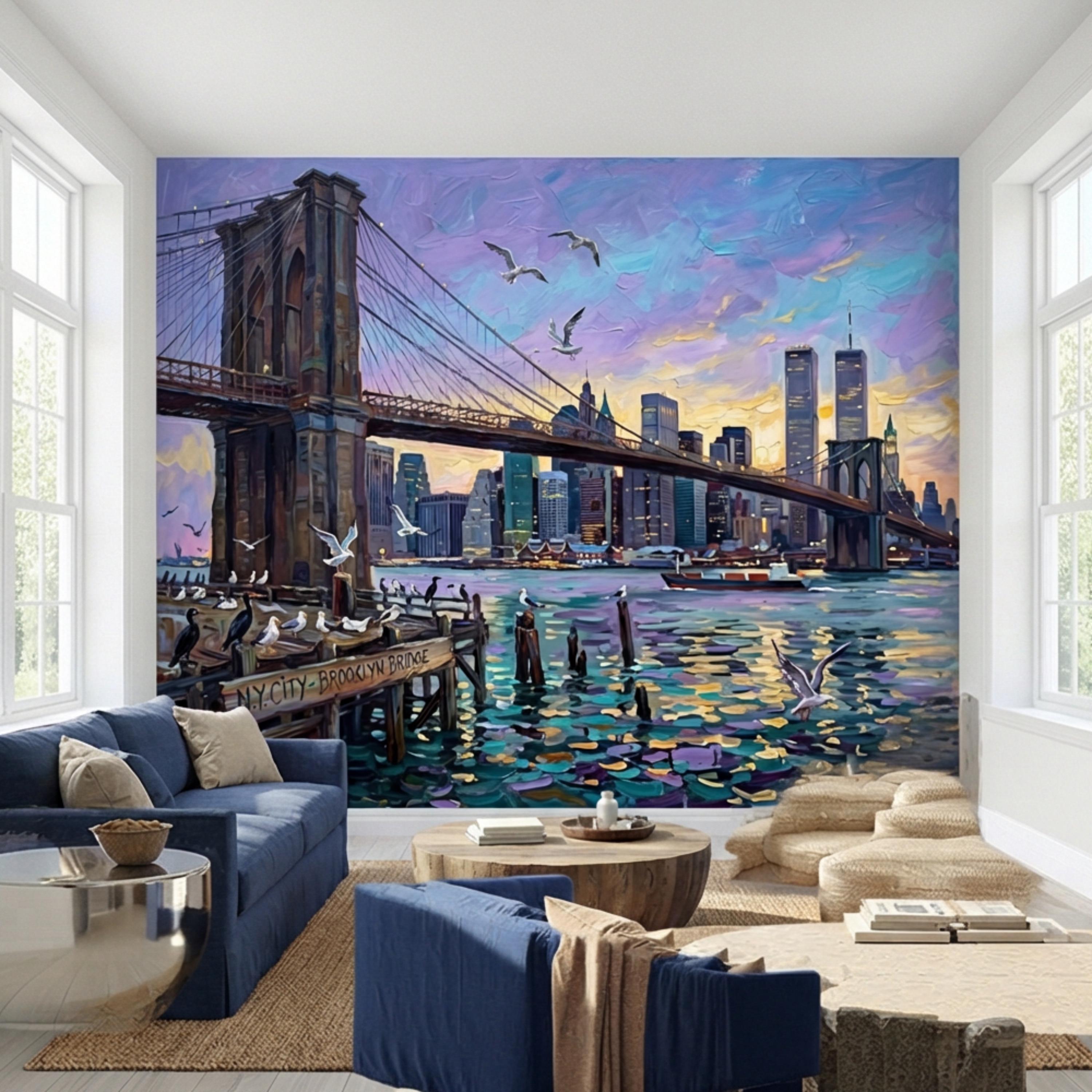 Brooklyn Bridge NYC Sunset Oil Painting Peel and Stick Wall Mural, New York City Skyline Wallpaper, Urban Cityscape Wall Decor