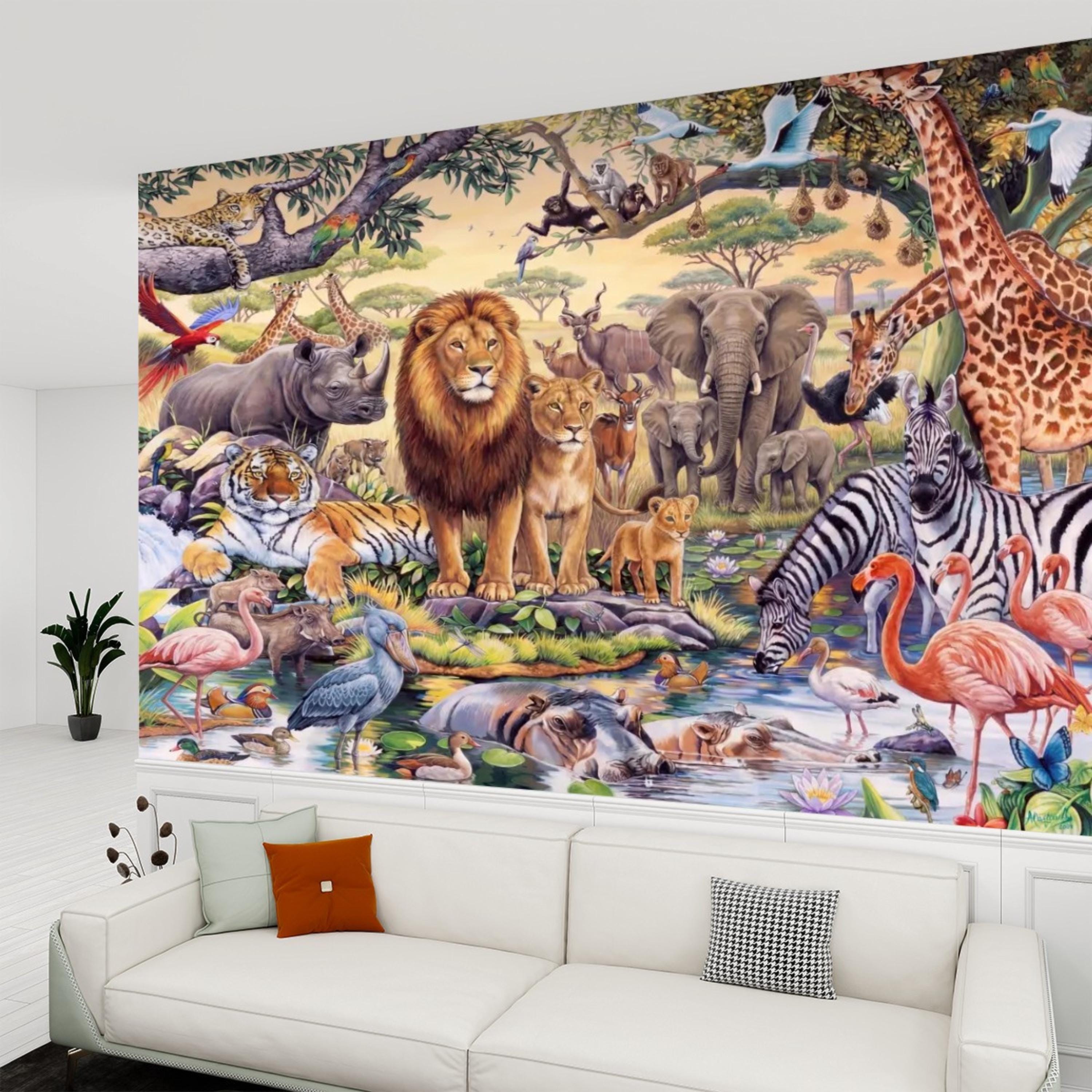 Safari Animals Peel and Stick Wall Mural, Jungle Nursery Wallpaper, Kids Room Animal Wall Decor, Lion Giraffe Elephant Design
