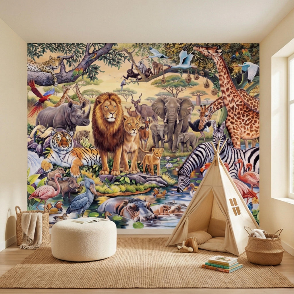 Safari Animals Peel and Stick Wall Mural, Jungle Nursery Wallpaper, Kids Room Animal Wall Decor, Lion Giraffe Elephant Design